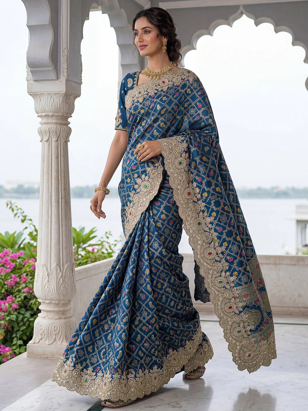 Navy Glorious Heavy Bordered Silk Function Wear Saree With Blouse