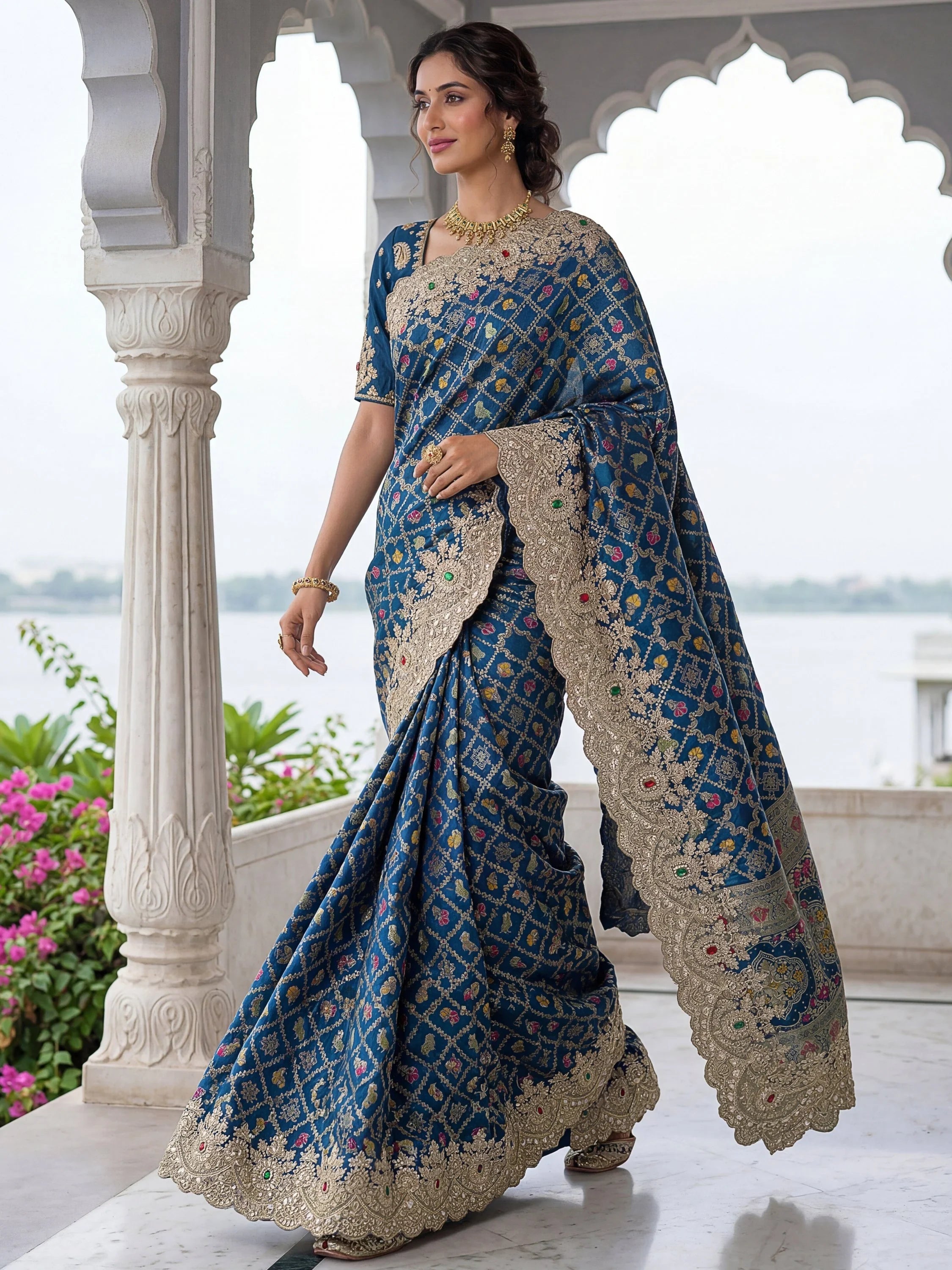 Navy Glorious Heavy Bordered Silk Function Wear Saree With Blouse