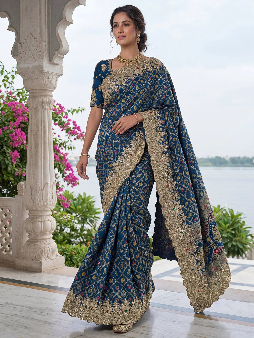 Navy Glorious Heavy Bordered Silk Function Wear Saree With Blouse