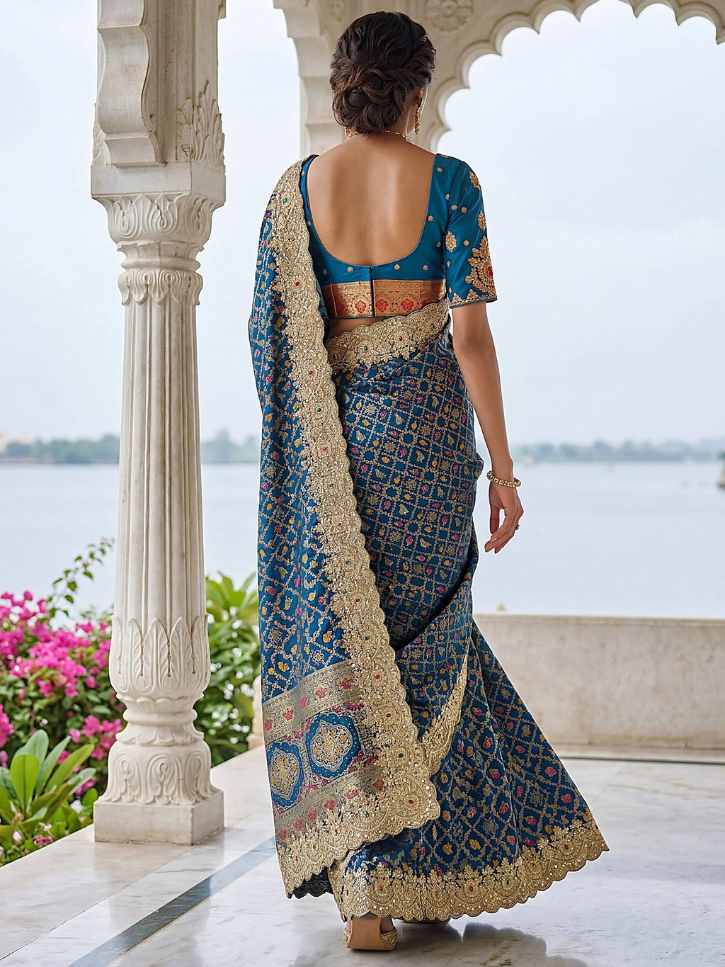 Navy Glorious Heavy Bordered Silk Function Wear Saree With Blouse