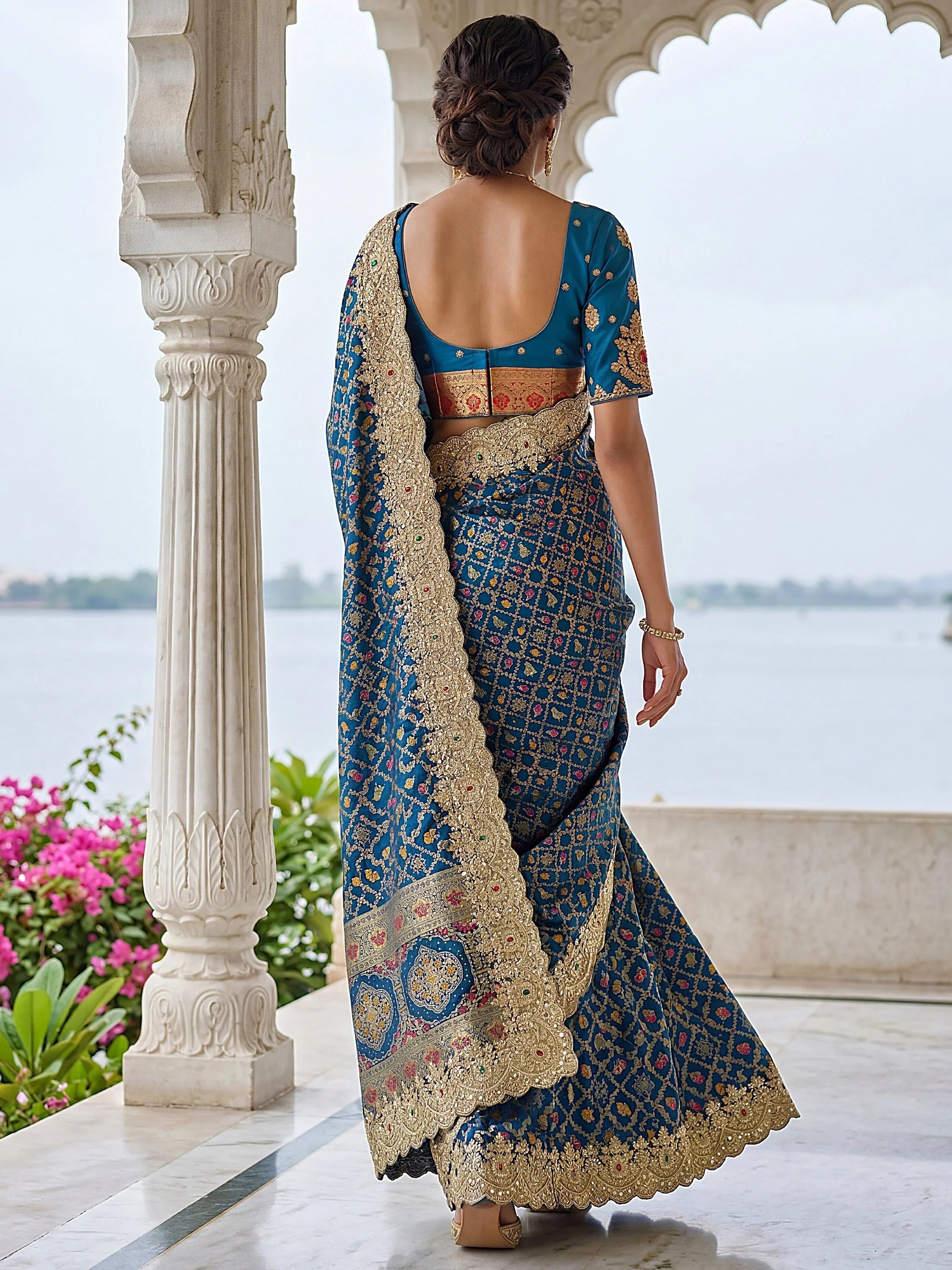 Navy Glorious Heavy Bordered Silk Function Wear Saree With Blouse