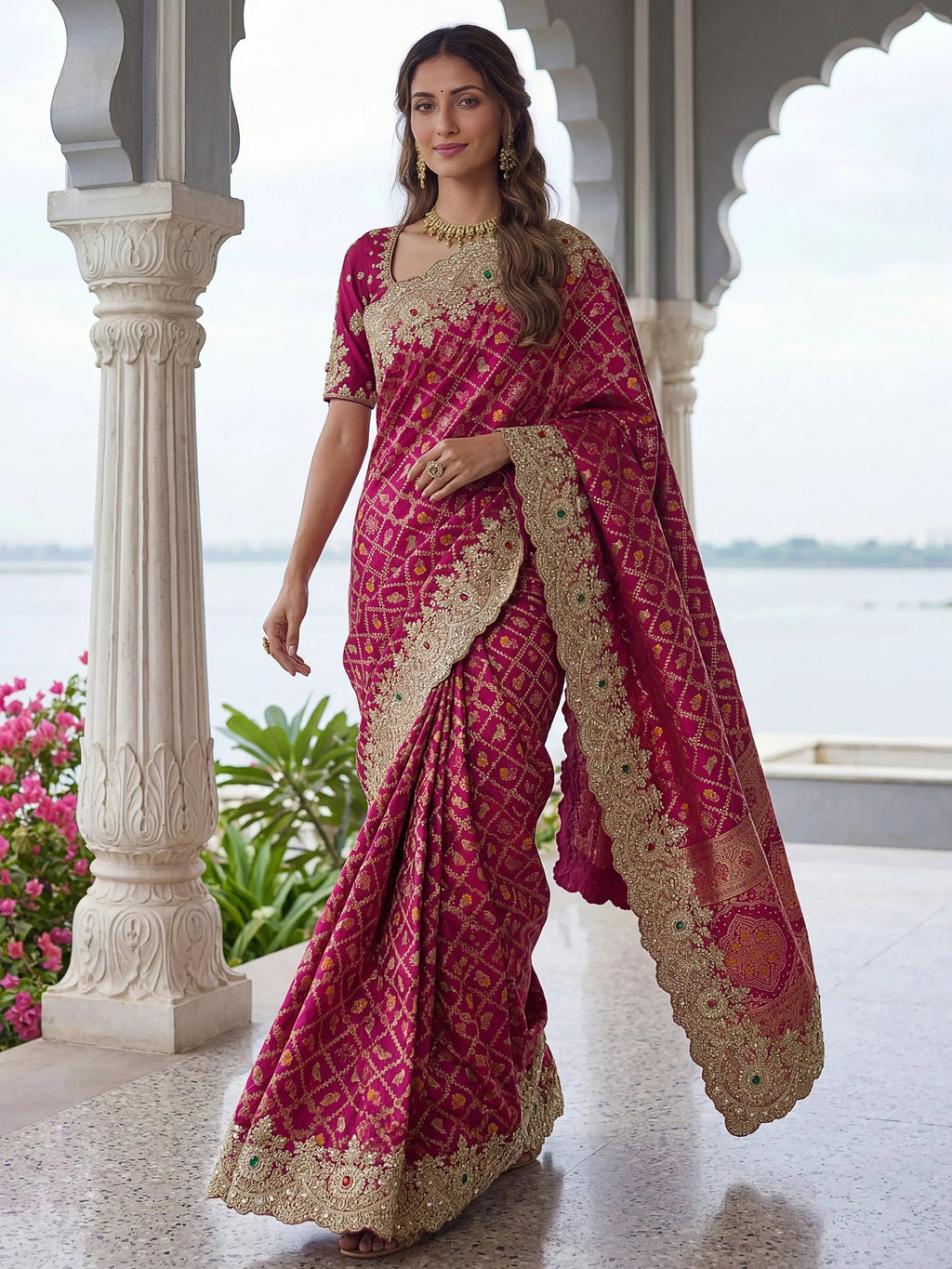 Pink Glorious Heavy Bordered Silk Function Wear Saree With Blouse