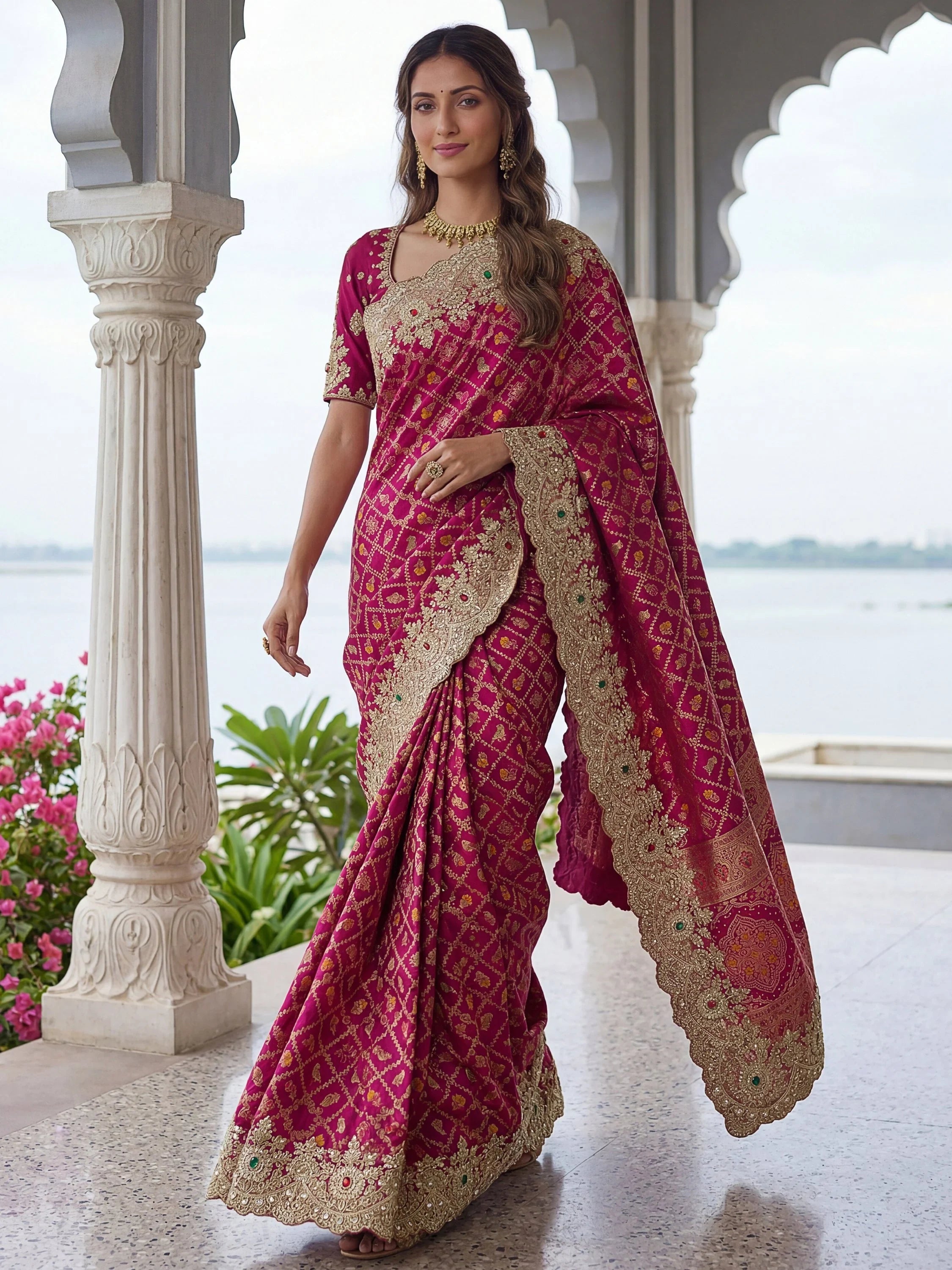 Pink Glorious Heavy Bordered Silk Function Wear Saree With Blouse