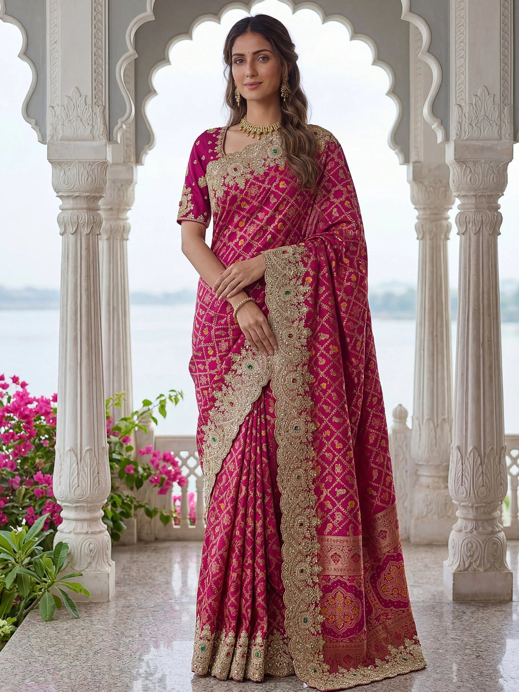 Pink Glorious Heavy Bordered Silk Function Wear Saree With Blouse