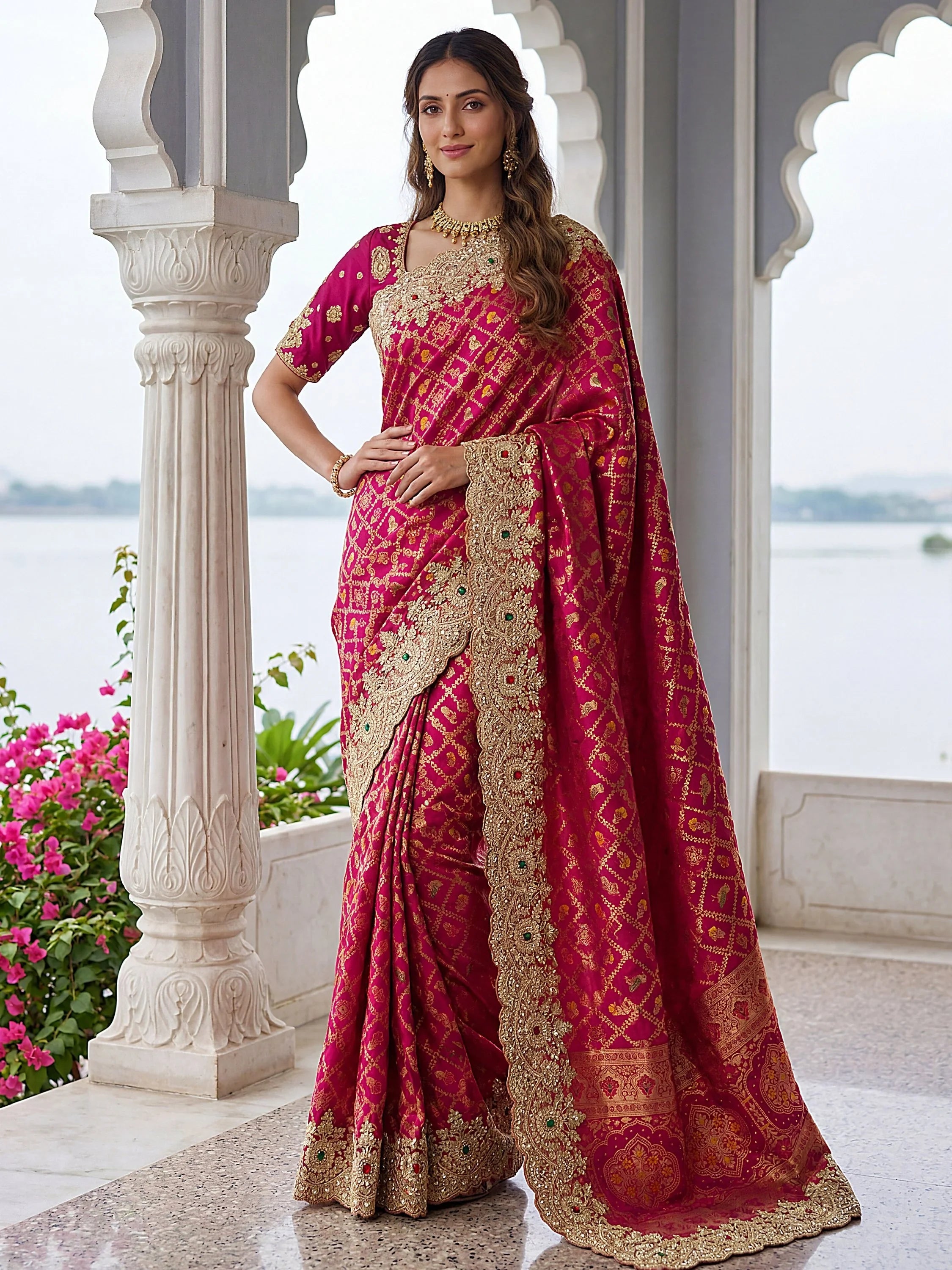 Pink Glorious Heavy Bordered Silk Function Wear Saree With Blouse