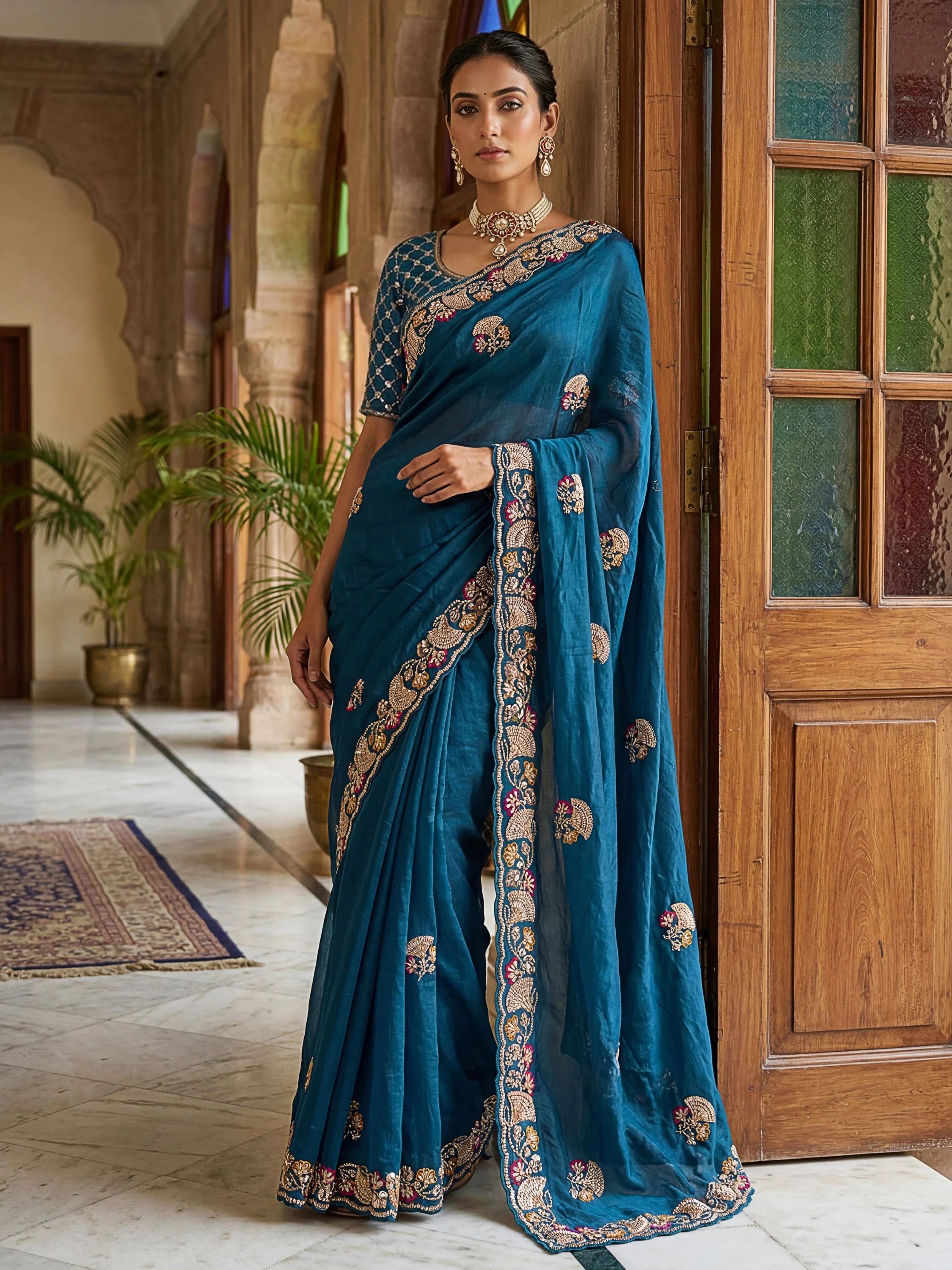 Teal Lavish Bead Embroidery Silk Reception Wear Saree With Blouse