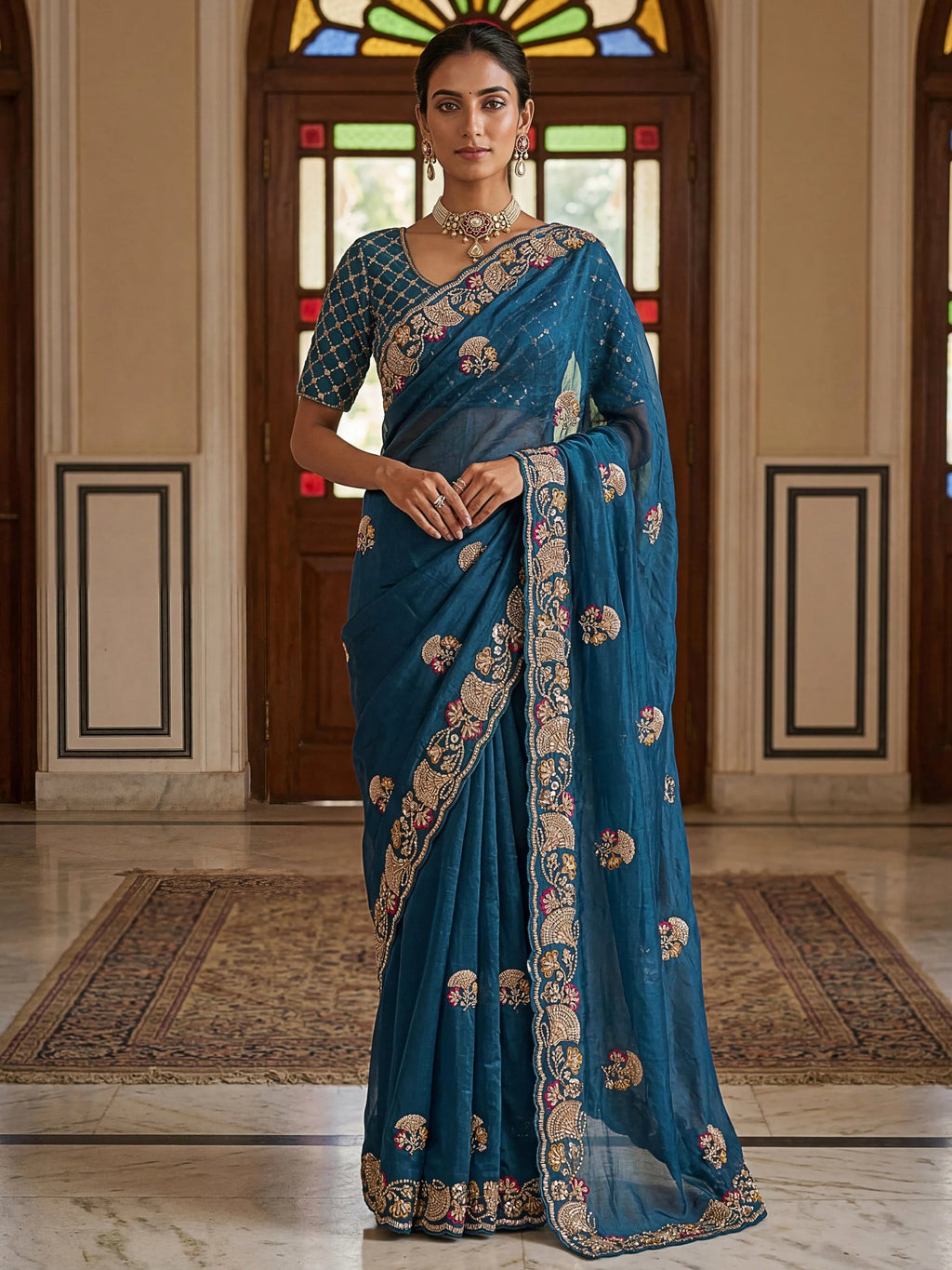 Teal Lavish Bead Embroidery Silk Reception Wear Saree With Blouse