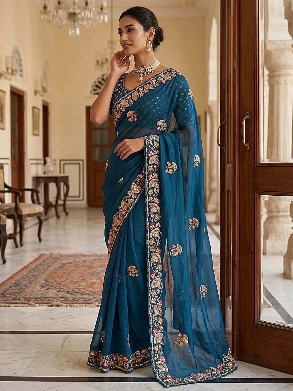 Teal Lavish Bead Embroidery Silk Reception Wear Saree With Blouse