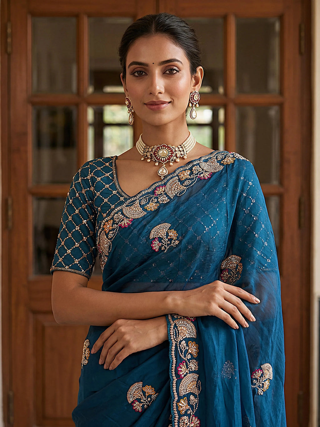 Teal Lavish Bead Embroidery Silk Reception Wear Saree With Blouse