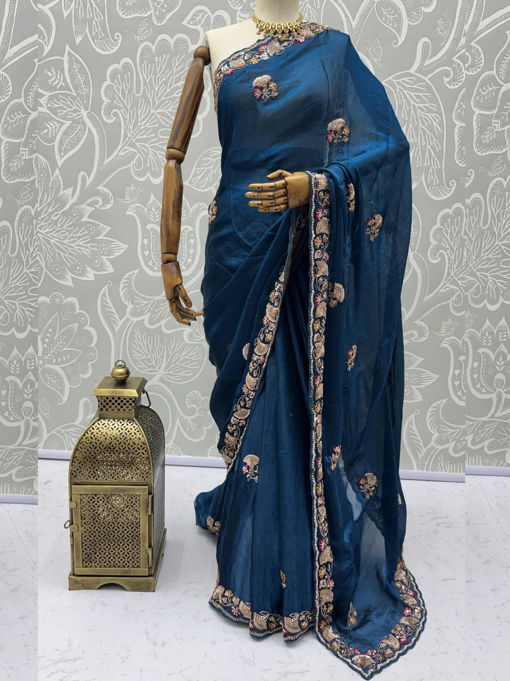 Teal Lavish Bead Embroidery Silk Reception Wear Saree With Blouse