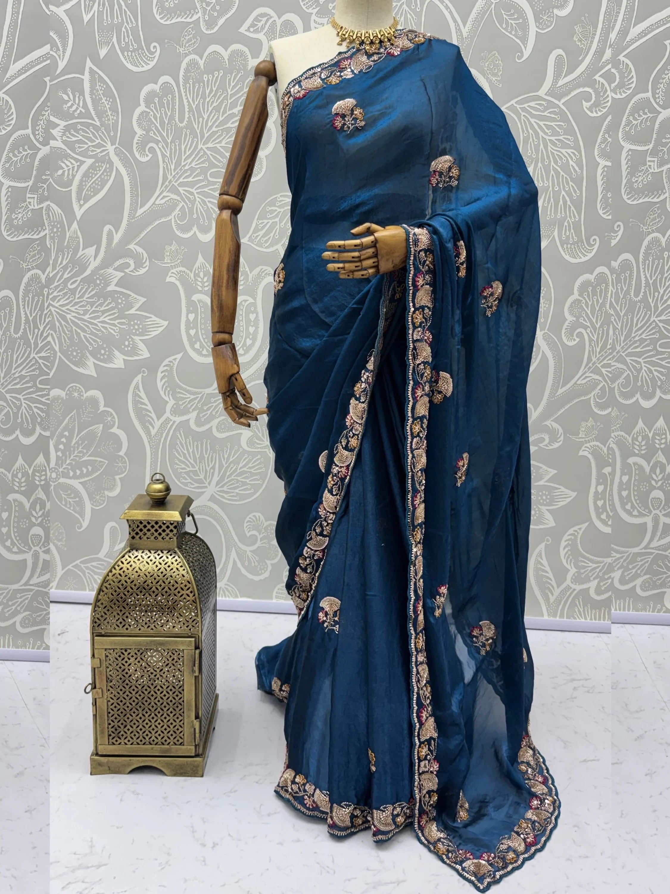 Teal Lavish Bead Embroidery Silk Reception Wear Saree With Blouse