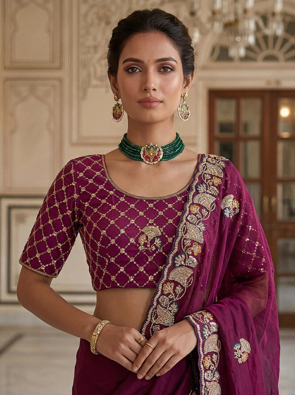 Wine Lavish Bead Embroidery Silk Reception Wear Saree With Blouse
