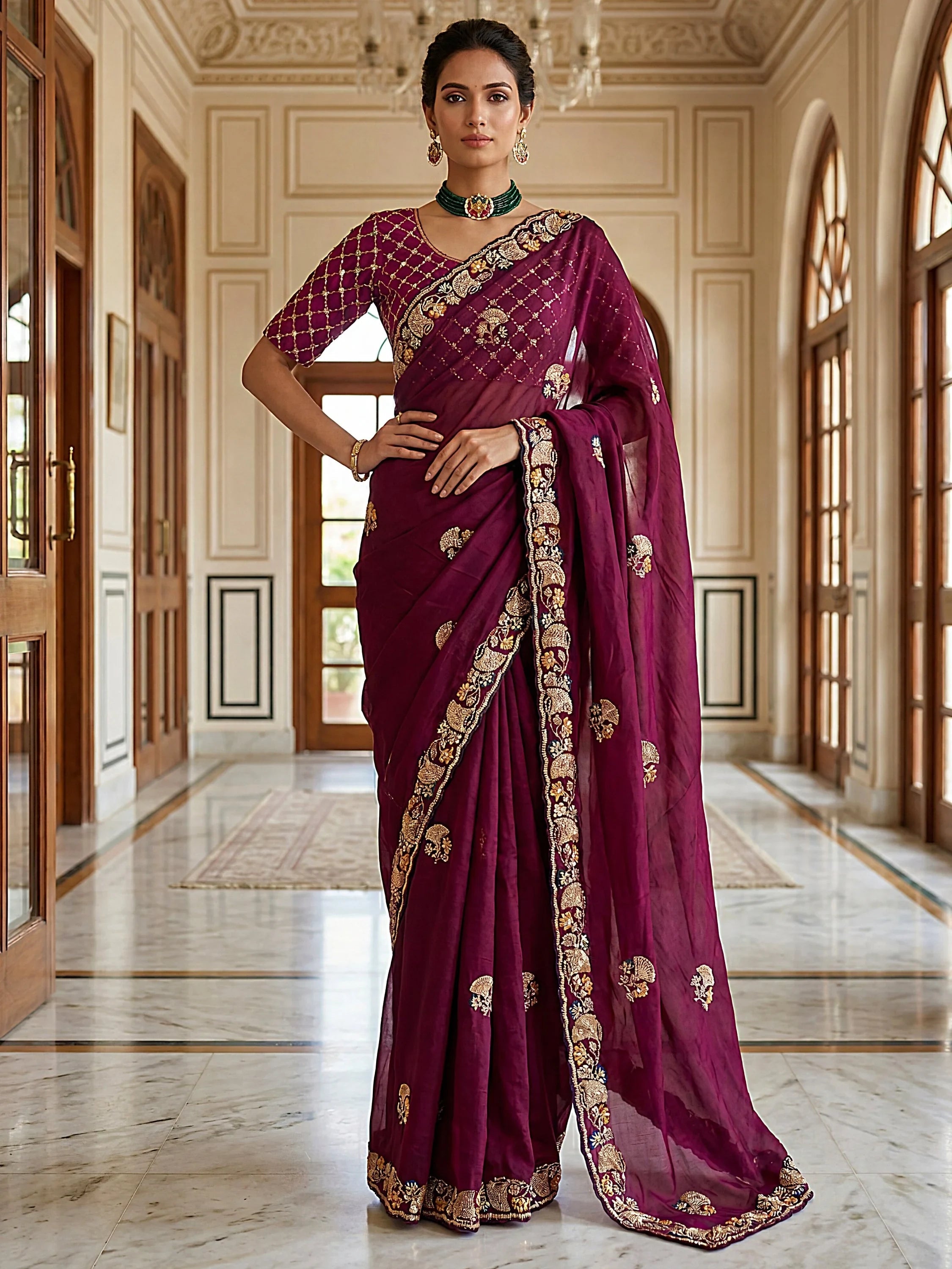 Wine Lavish Bead Embroidery Silk Reception Wear Saree With Blouse