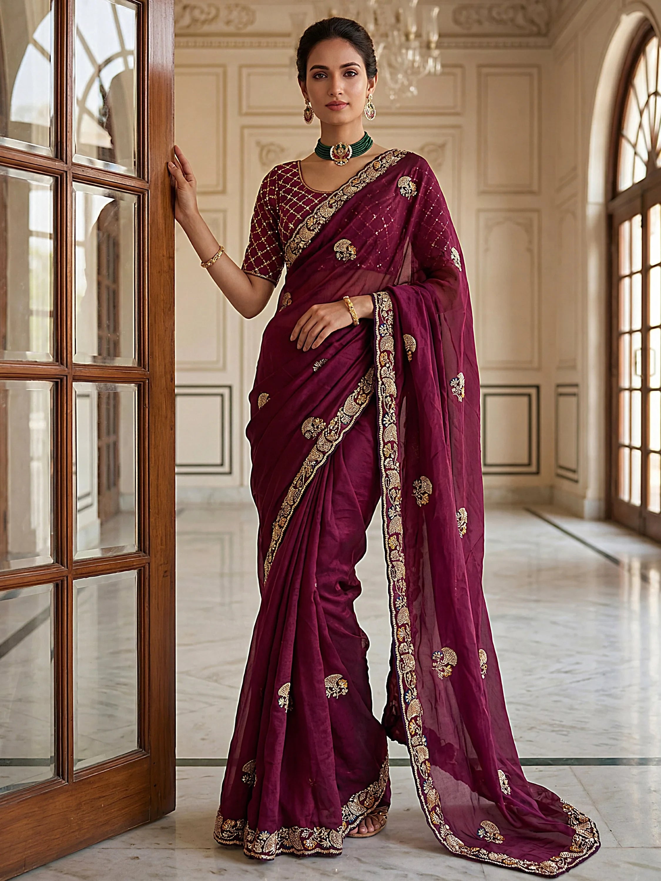 Wine Lavish Bead Embroidery Silk Reception Wear Saree With Blouse