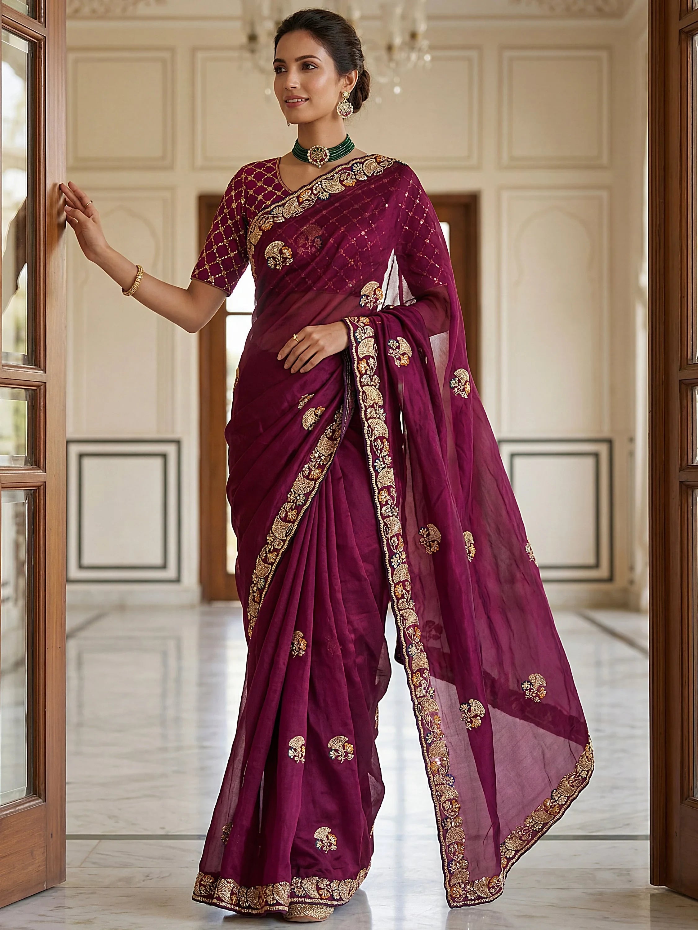 Wine Lavish Bead Embroidery Silk Reception Wear Saree With Blouse