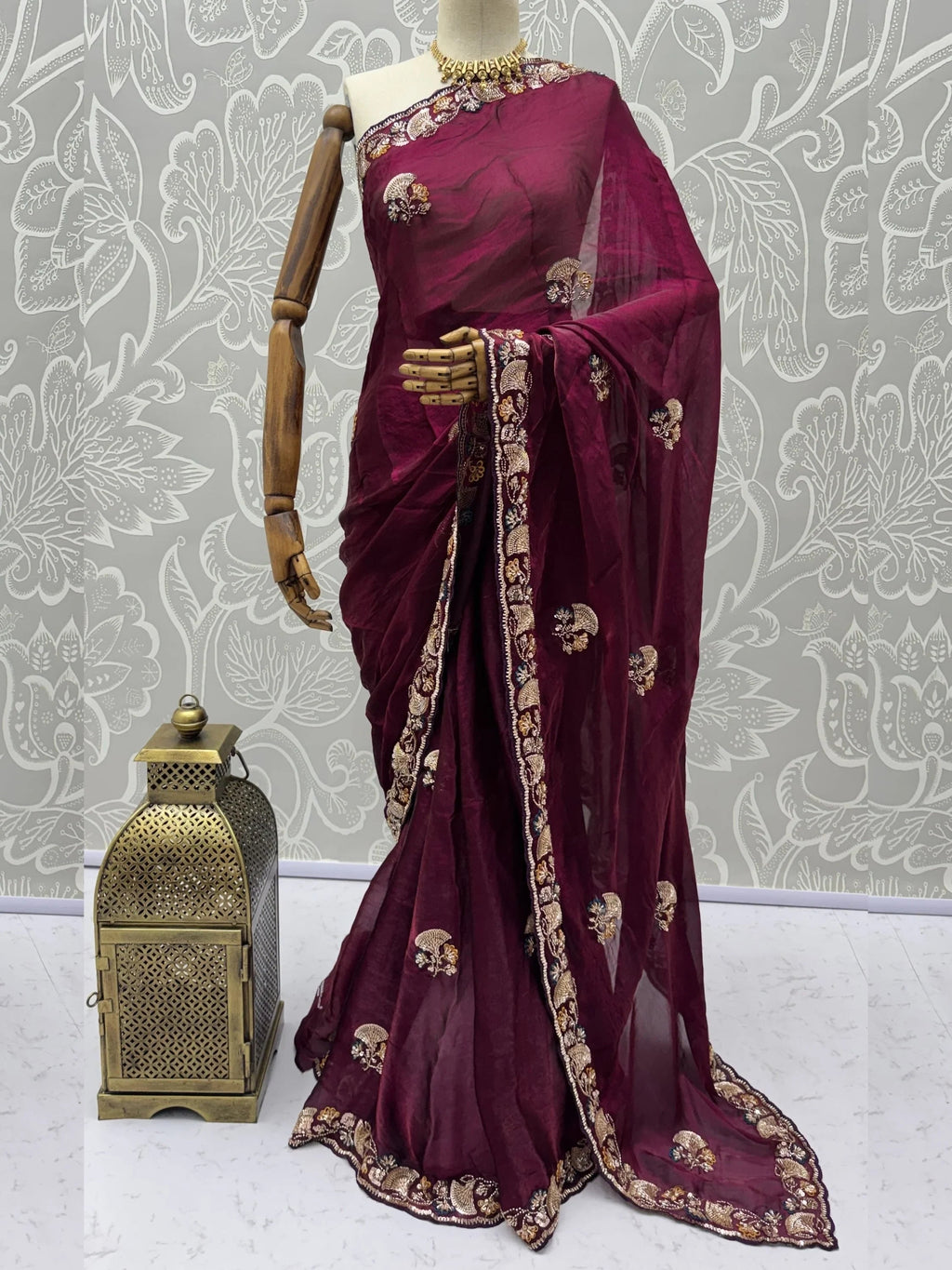 Wine Lavish Bead Embroidery Silk Reception Wear Saree With Blouse