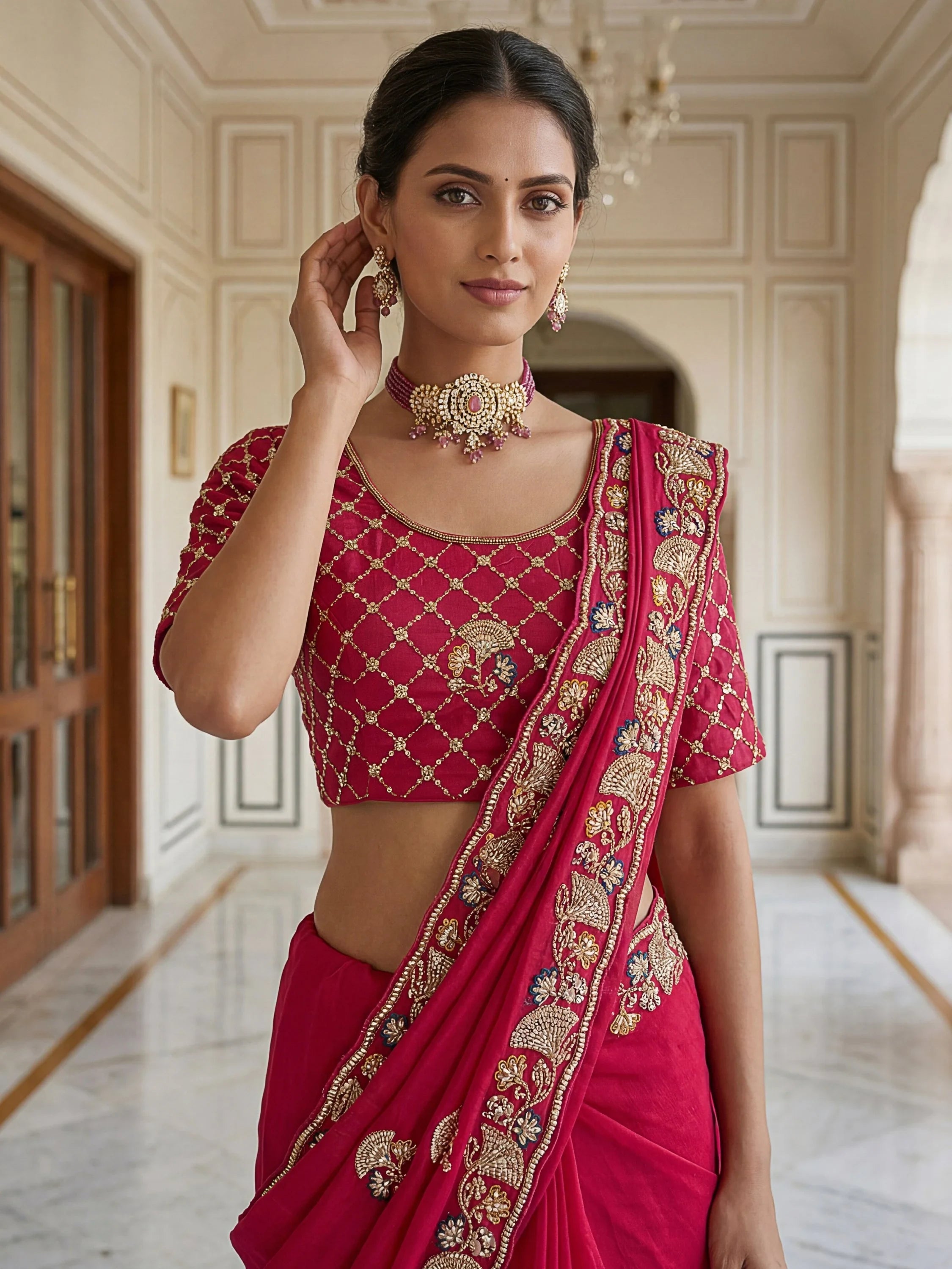 Pink Lavish Bead Embroidery Silk Reception Wear Saree With Blouse