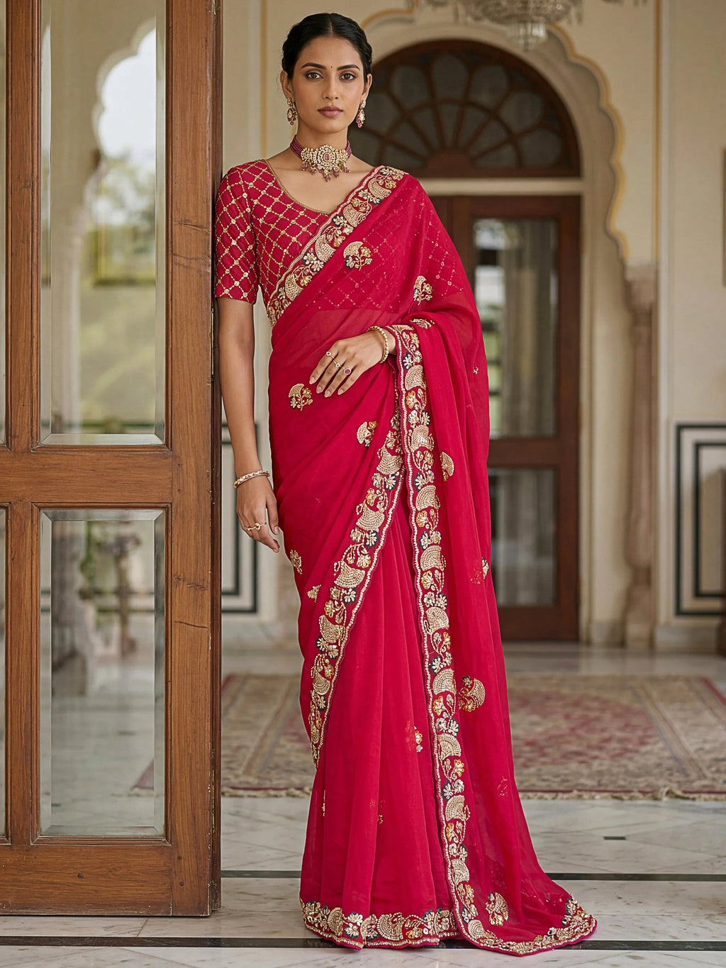 Pink Lavish Bead Embroidery Silk Reception Wear Saree With Blouse