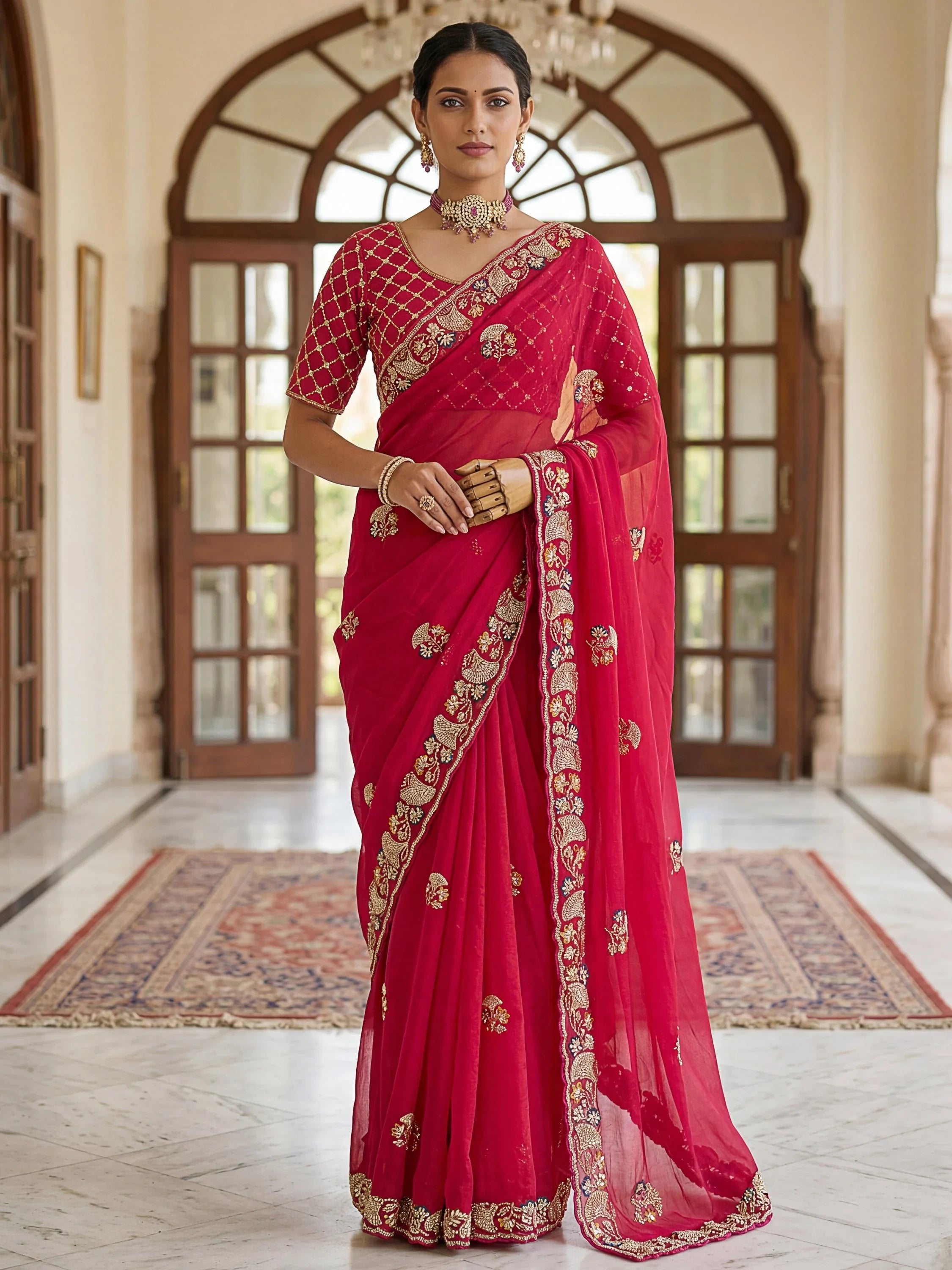 Pink Lavish Bead Embroidery Silk Reception Wear Saree With Blouse