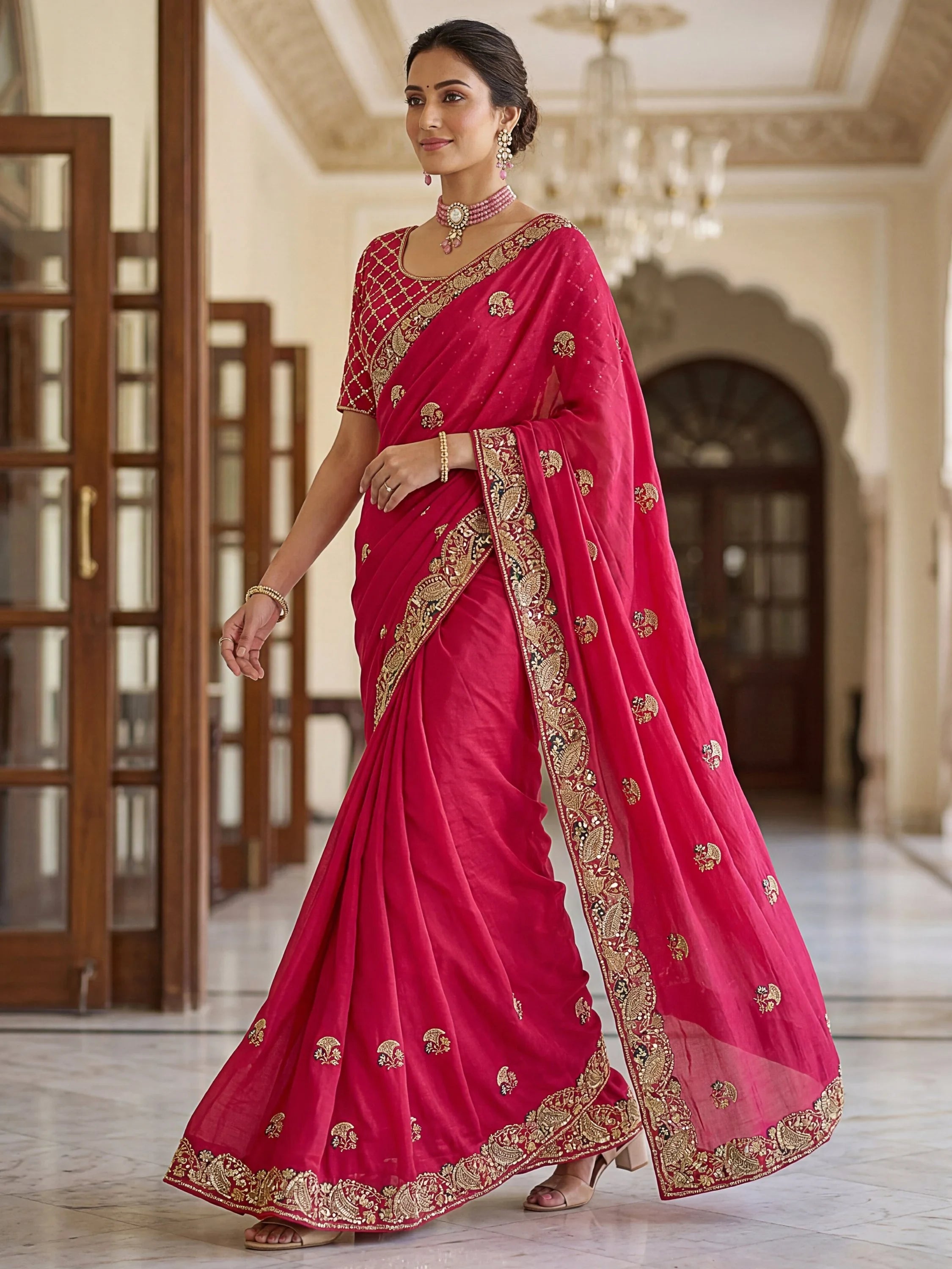 Pink Lavish Bead Embroidery Silk Reception Wear Saree With Blouse