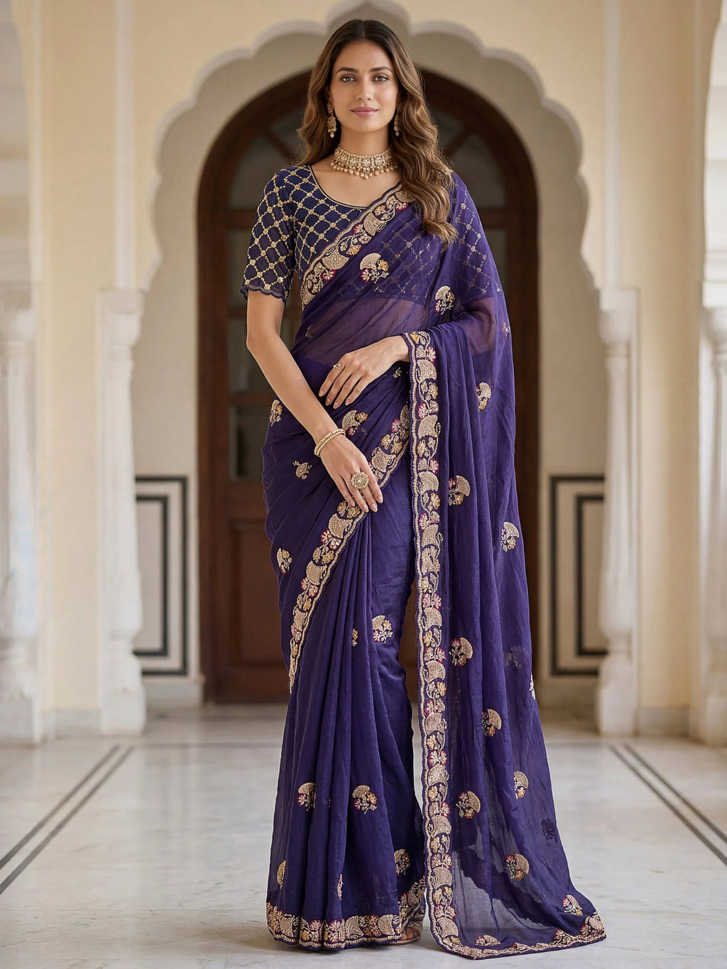 Navy Lavish Bead Embroidery Silk Reception Wear Saree With Blouse