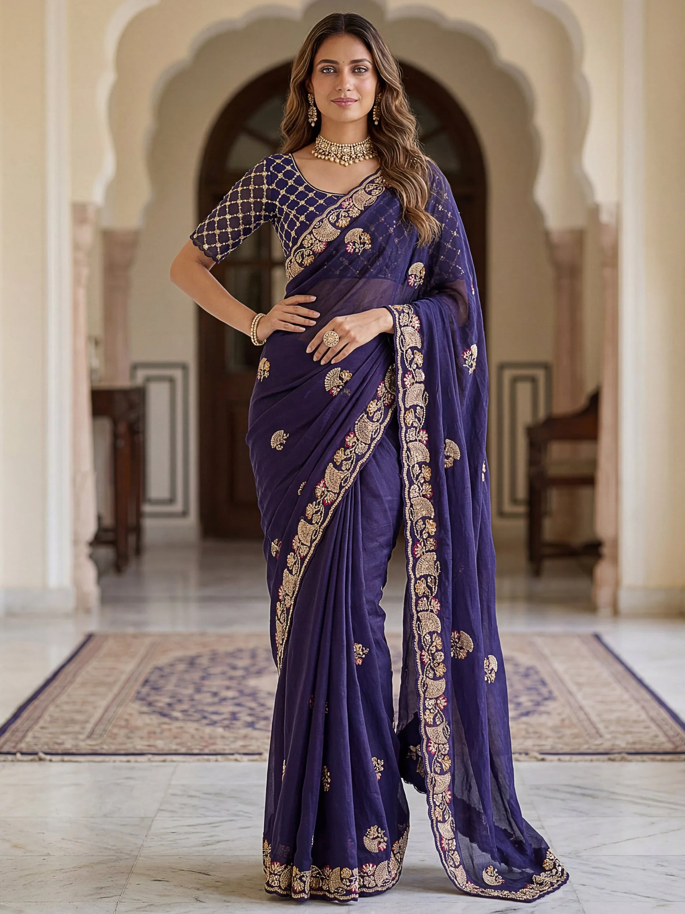 Navy Lavish Bead Embroidery Silk Reception Wear Saree With Blouse