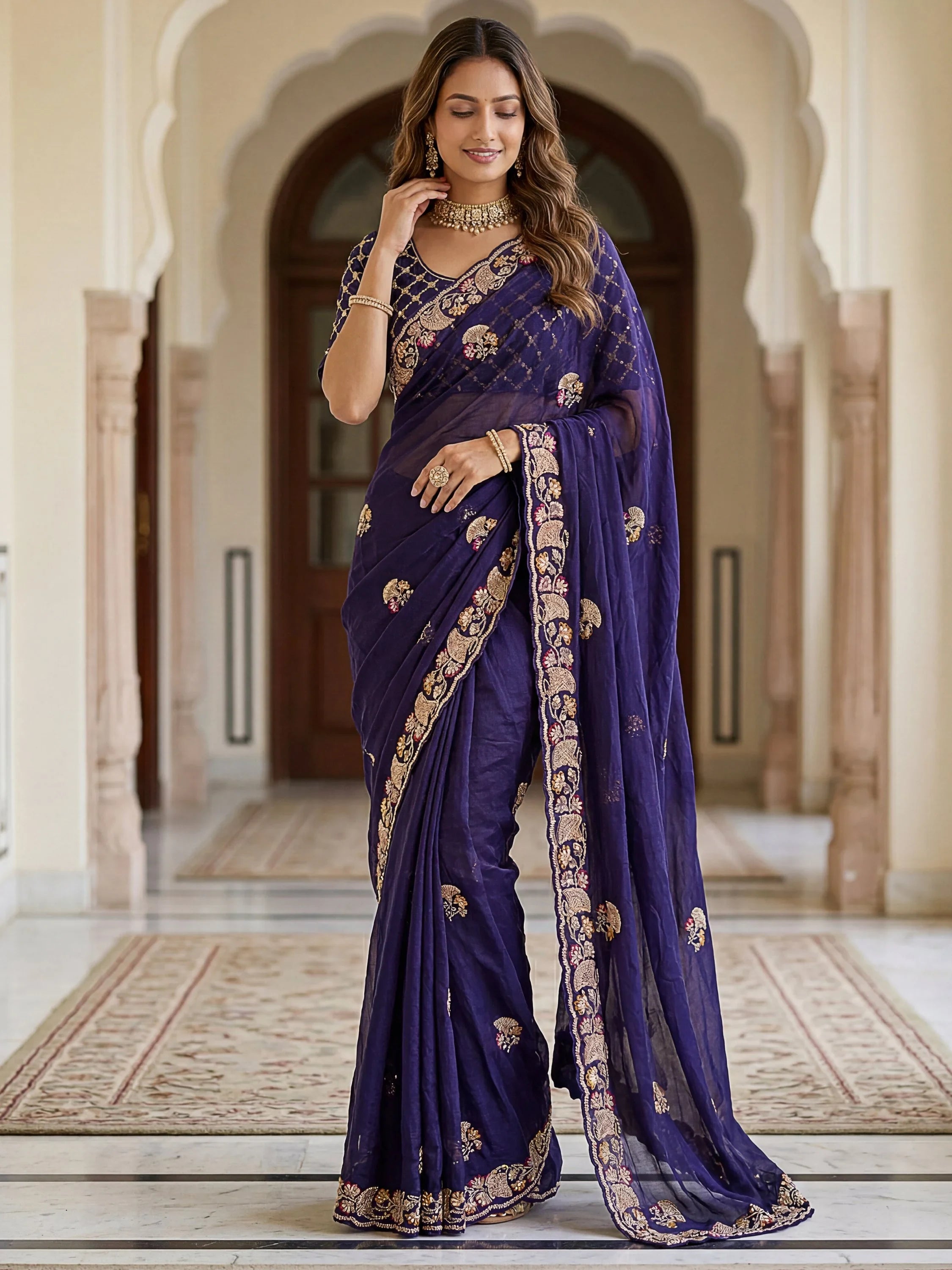 Navy Lavish Bead Embroidery Silk Reception Wear Saree With Blouse