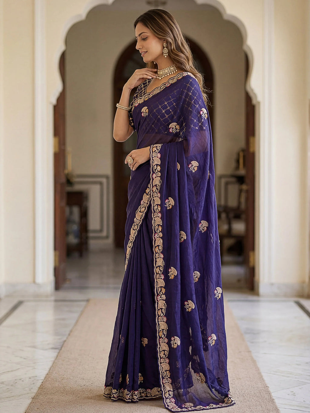 Navy Lavish Bead Embroidery Silk Reception Wear Saree With Blouse