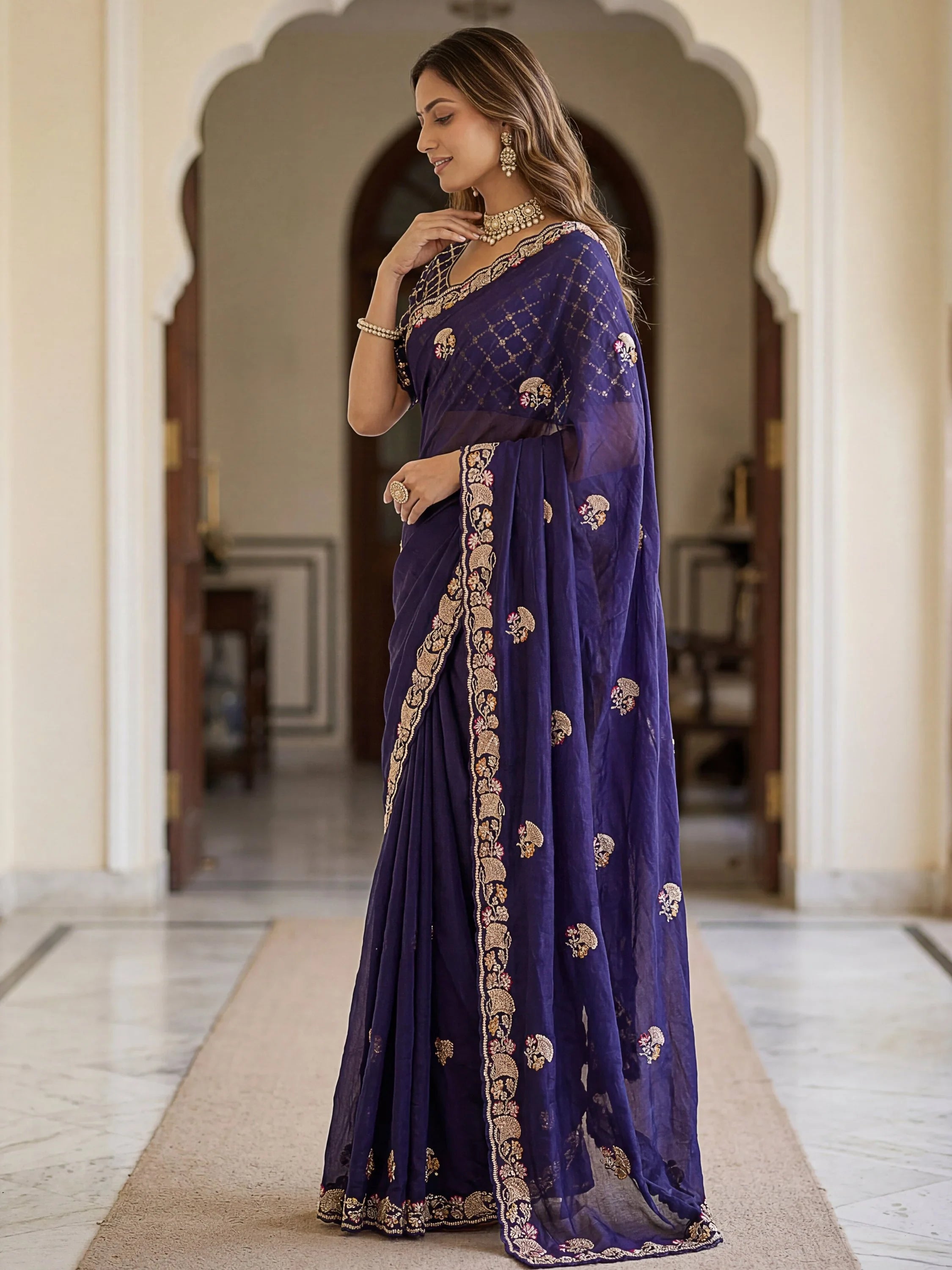 Navy Lavish Bead Embroidery Silk Reception Wear Saree With Blouse