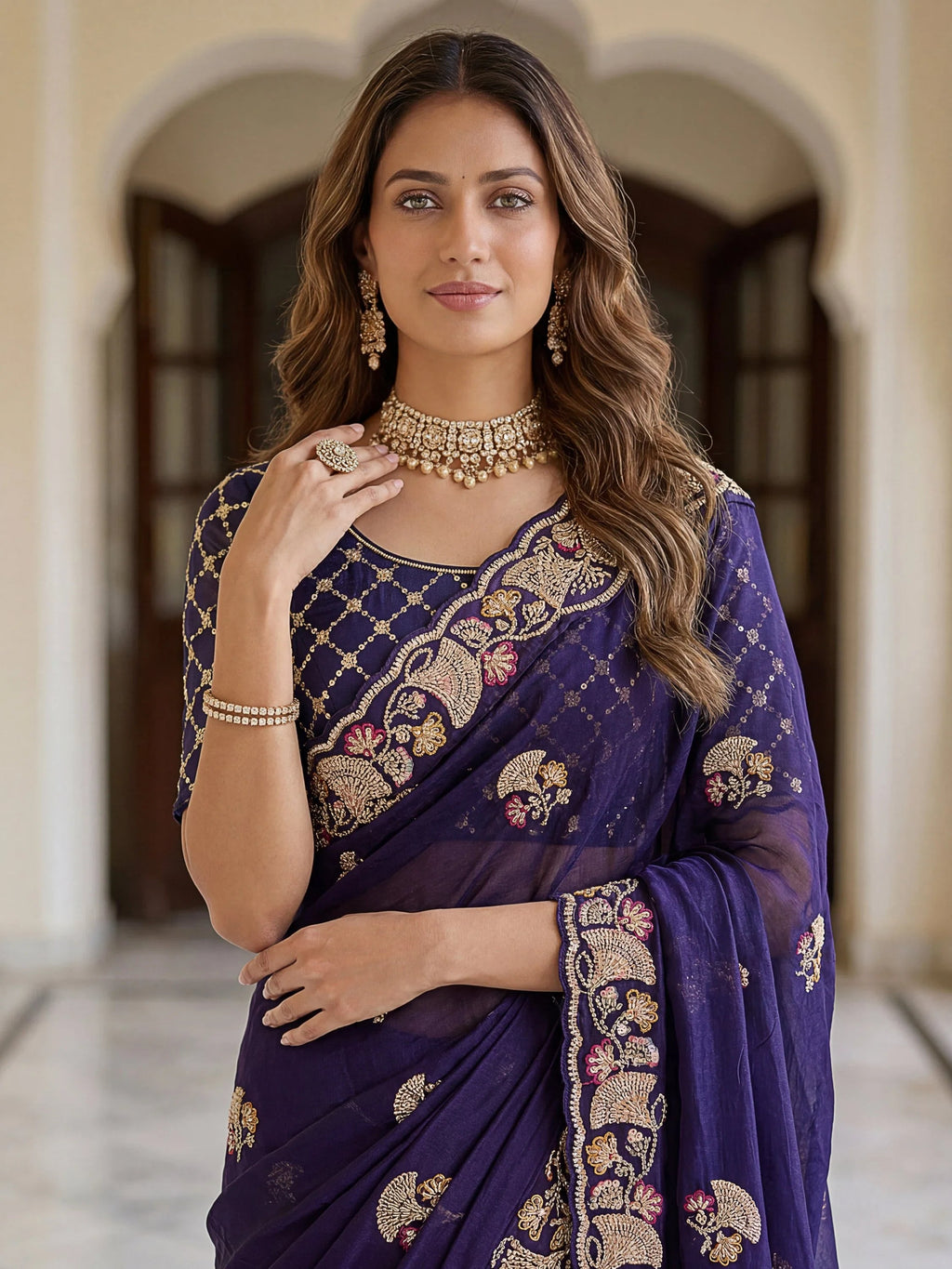 Navy Lavish Bead Embroidery Silk Reception Wear Saree With Blouse
