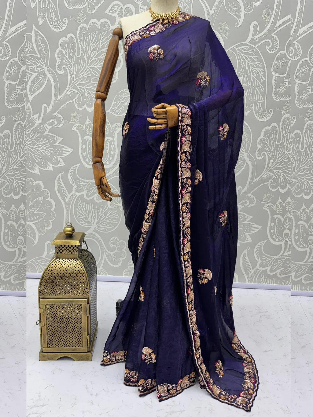 Navy Lavish Bead Embroidery Silk Reception Wear Saree With Blouse