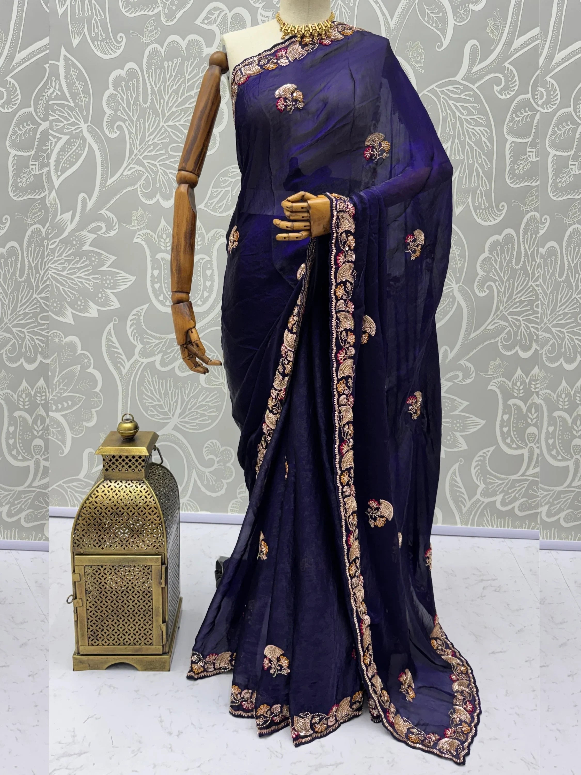 Navy Lavish Bead Embroidery Silk Reception Wear Saree With Blouse