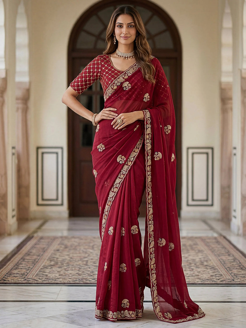 Royal Lavish Bead Embroidery Silk Reception Wear Saree With Blouse