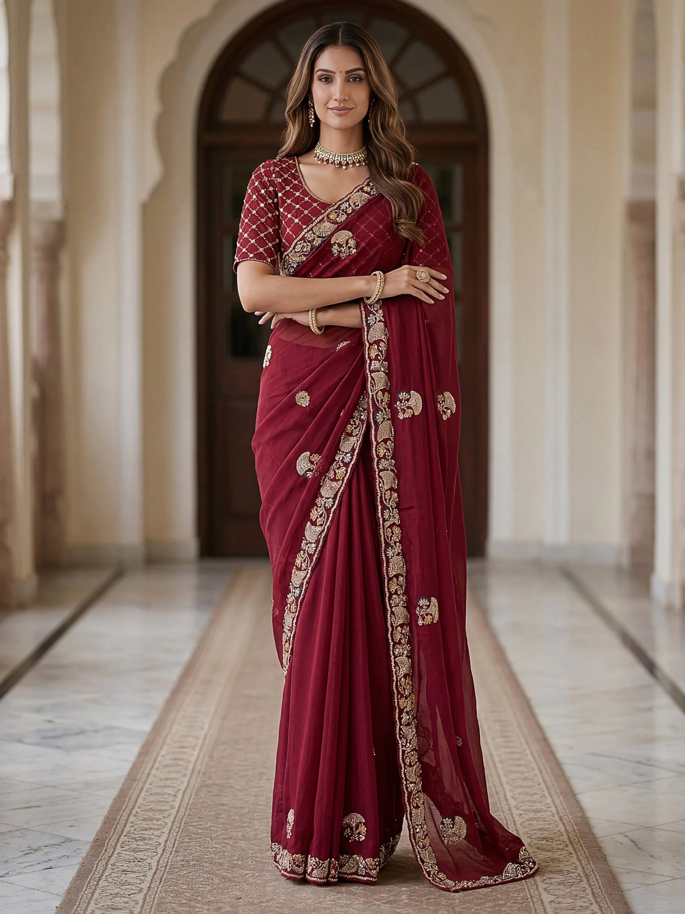 Royal Lavish Bead Embroidery Silk Reception Wear Saree With Blouse
