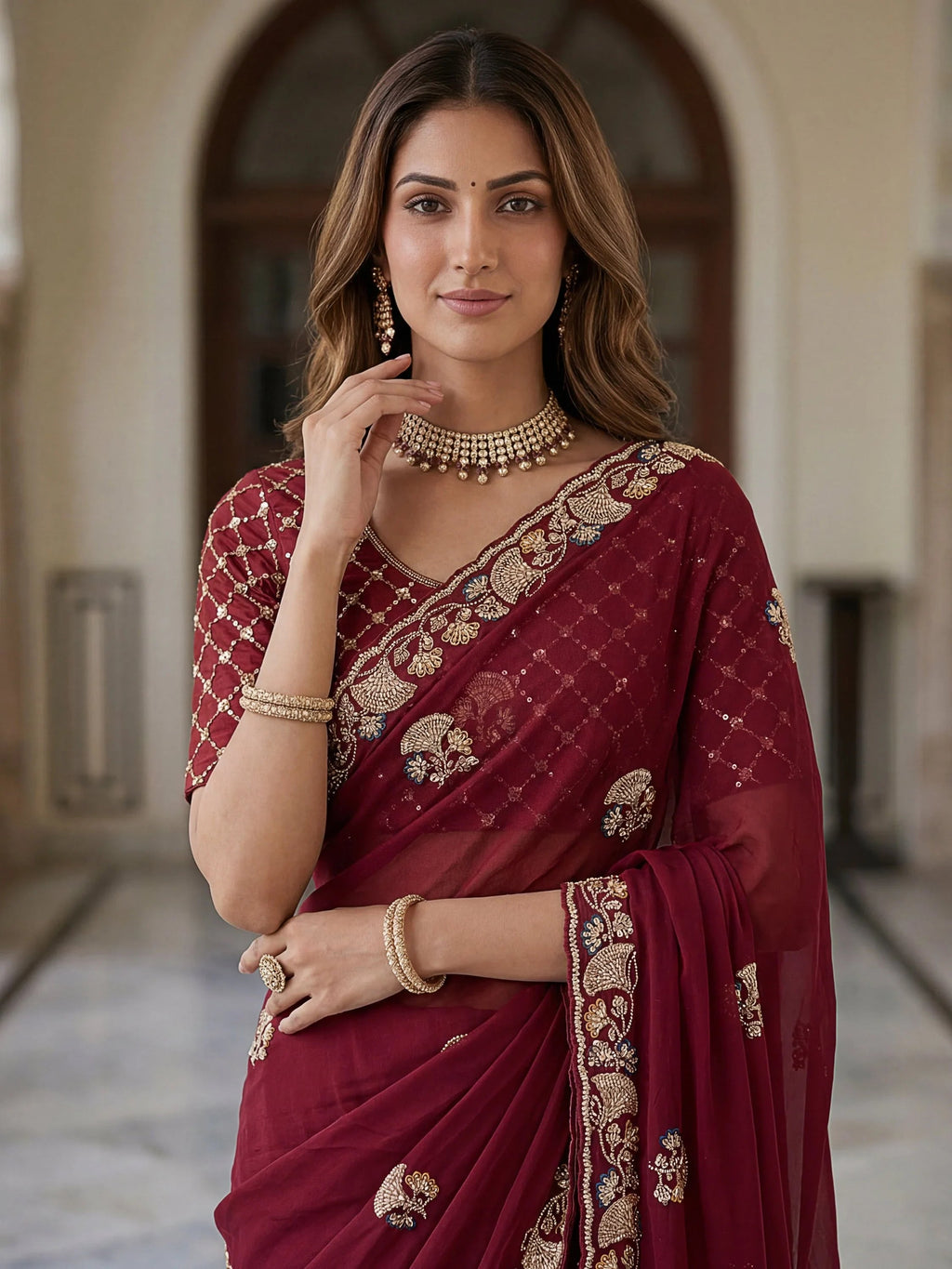 Royal Lavish Bead Embroidery Silk Reception Wear Saree With Blouse