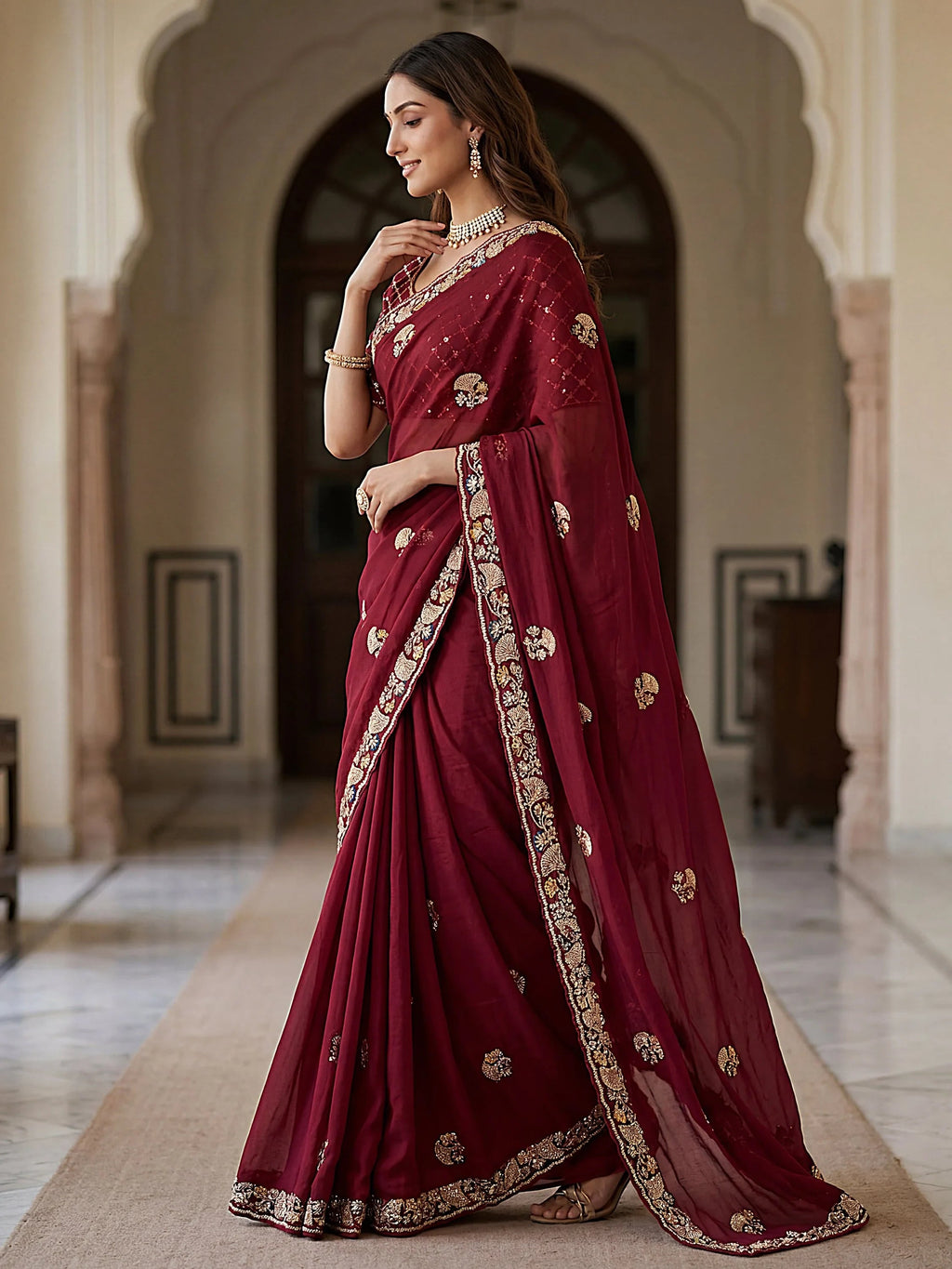 Royal Lavish Bead Embroidery Silk Reception Wear Saree With Blouse
