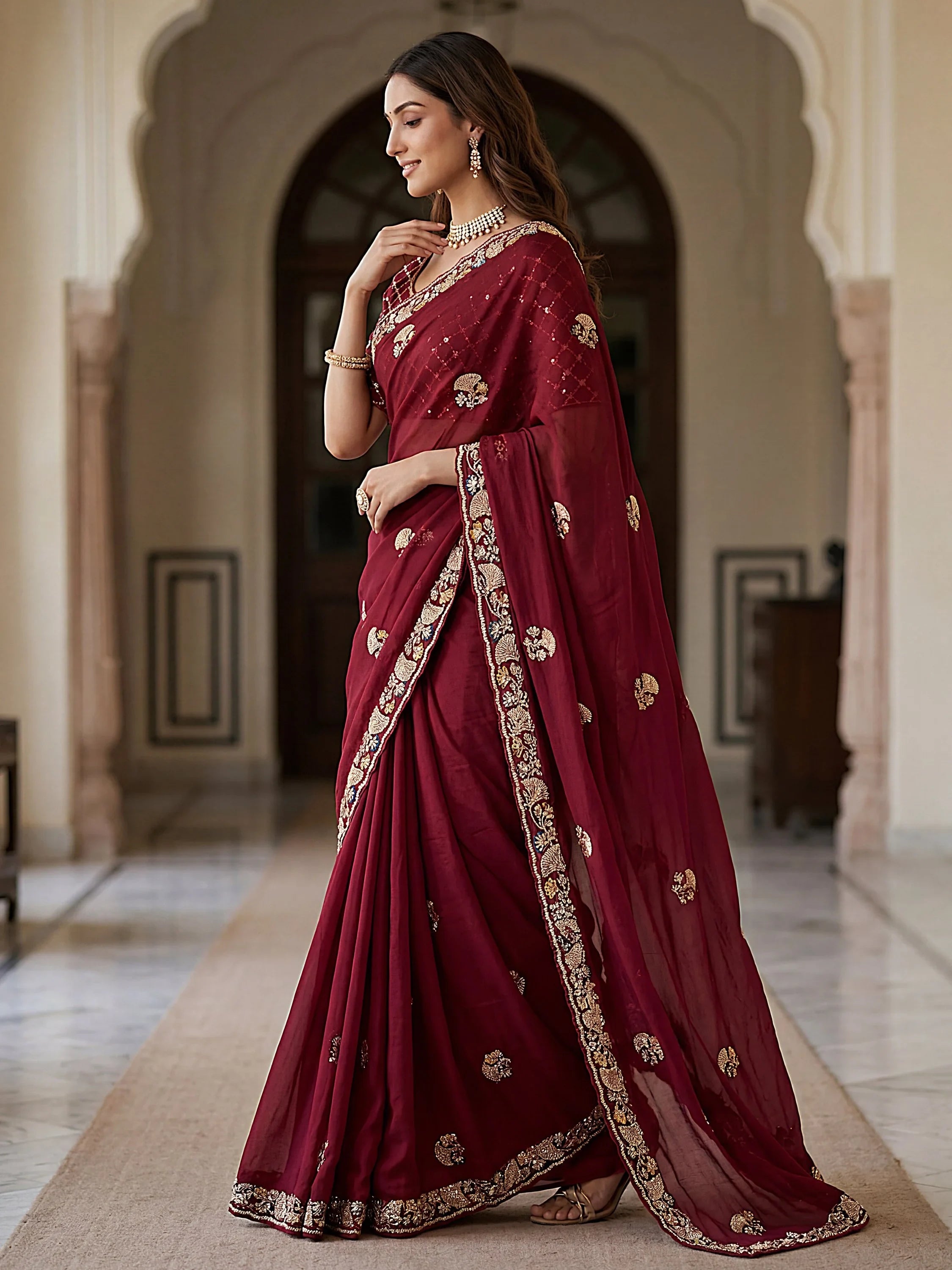 Royal Lavish Bead Embroidery Silk Reception Wear Saree With Blouse