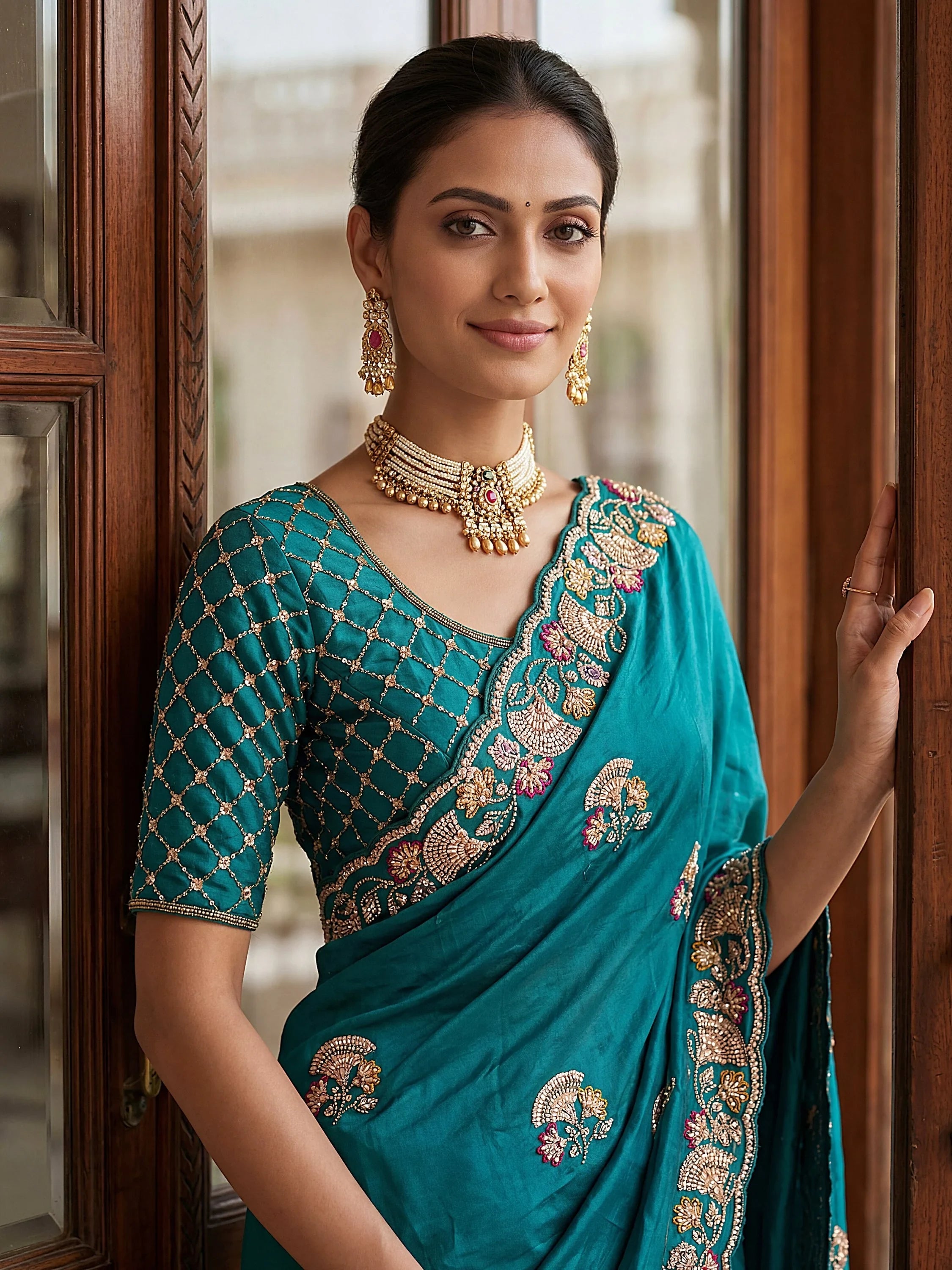 Rich Teal Green Bead Work Silk Party Wear Saree With Blouse