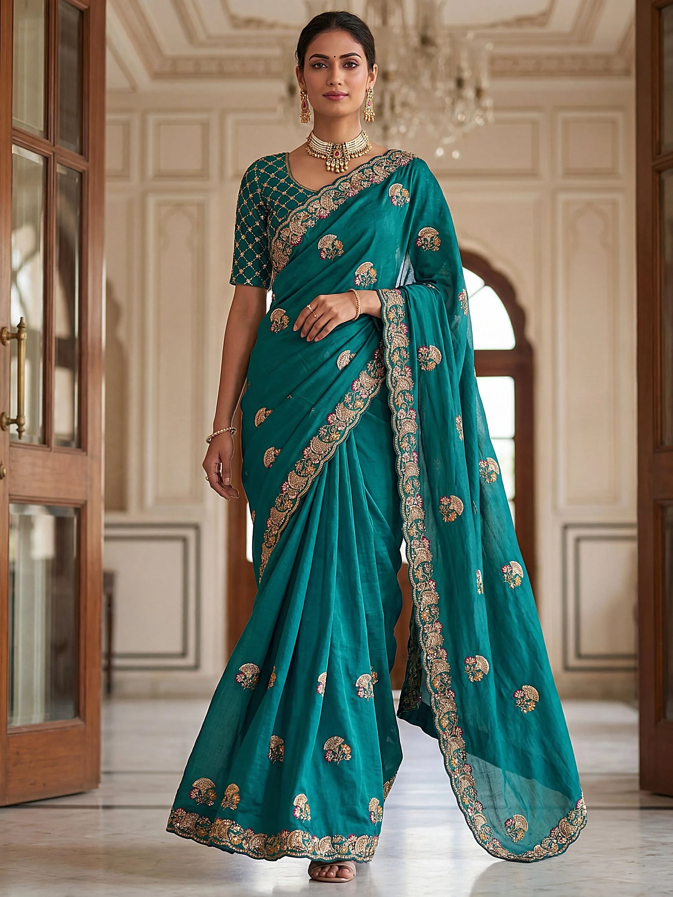 Rich Teal Green Bead Work Silk Party Wear Saree With Blouse
