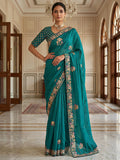 Rich Teal Green Bead Work Silk Party Wear Saree With Blouse
