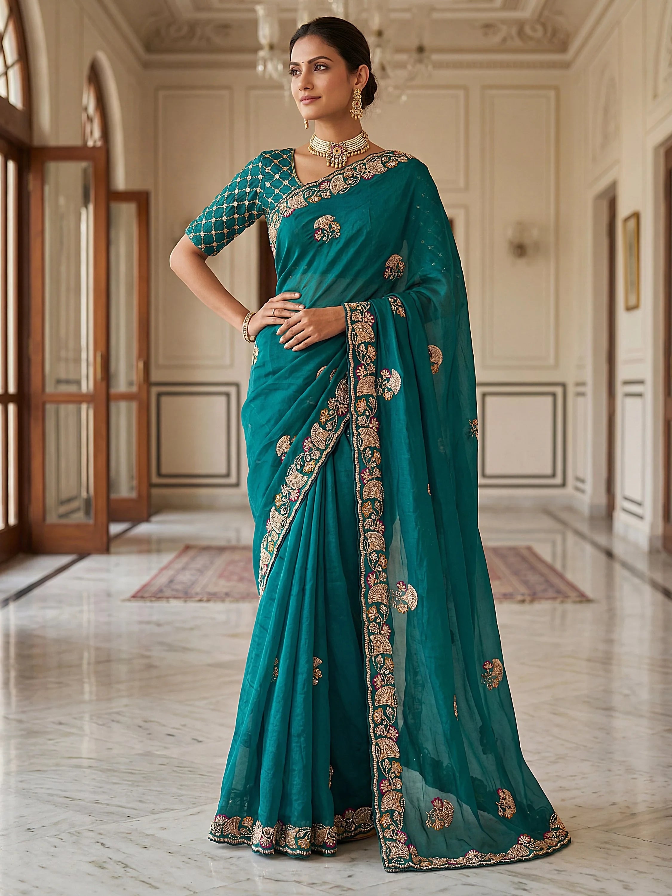 Rich Teal Green Bead Work Silk Party Wear Saree With Blouse