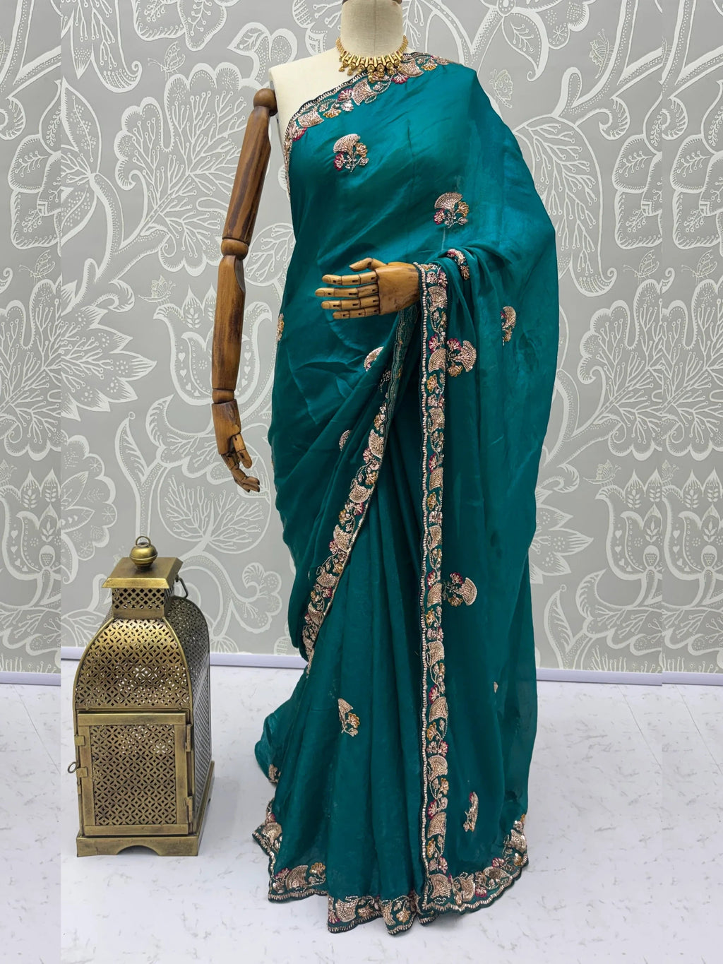 Rich Teal Green Bead Work Silk Party Wear Saree With Blouse