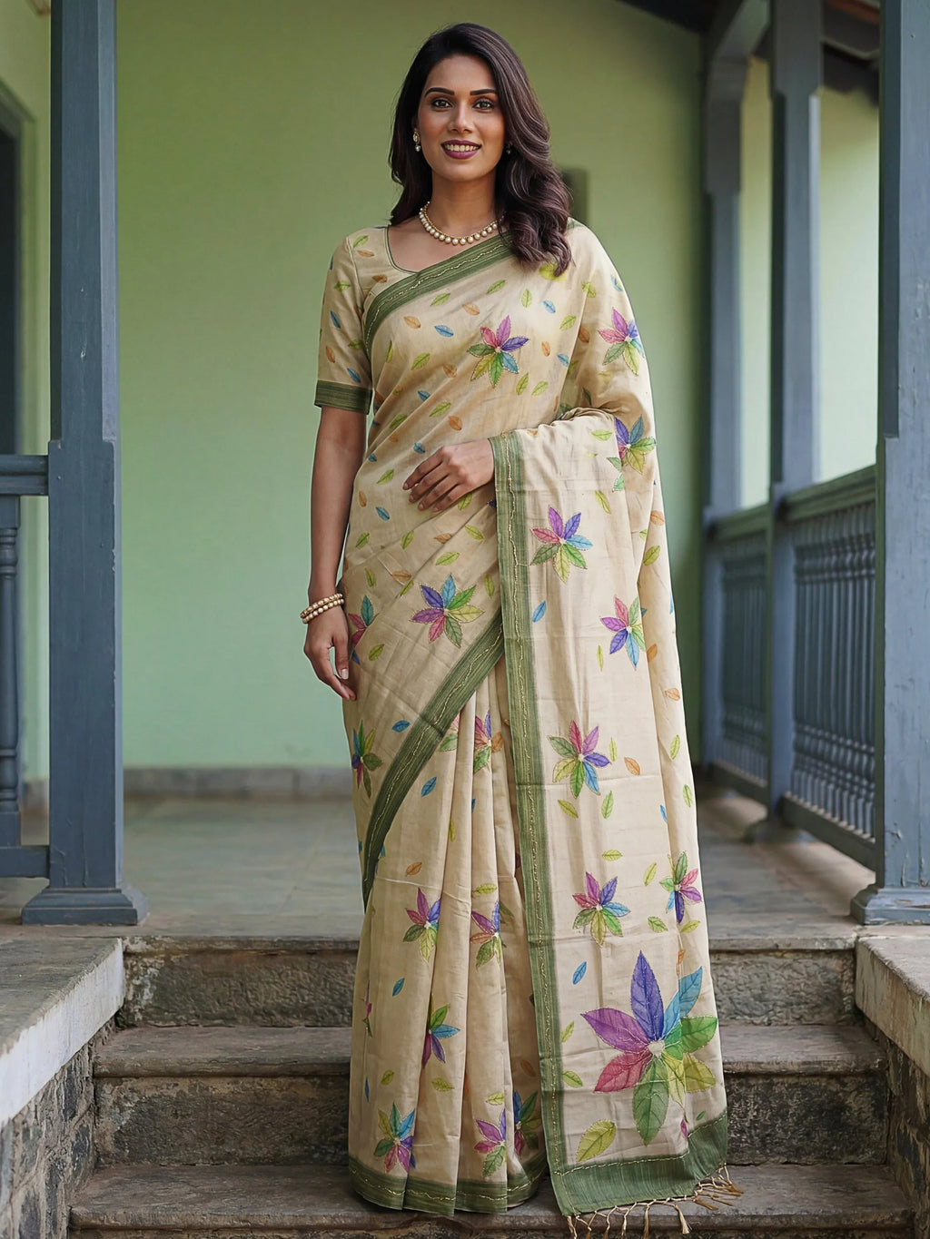 Beige Superb Embroidered Silk Function Wear Saree With Blouse