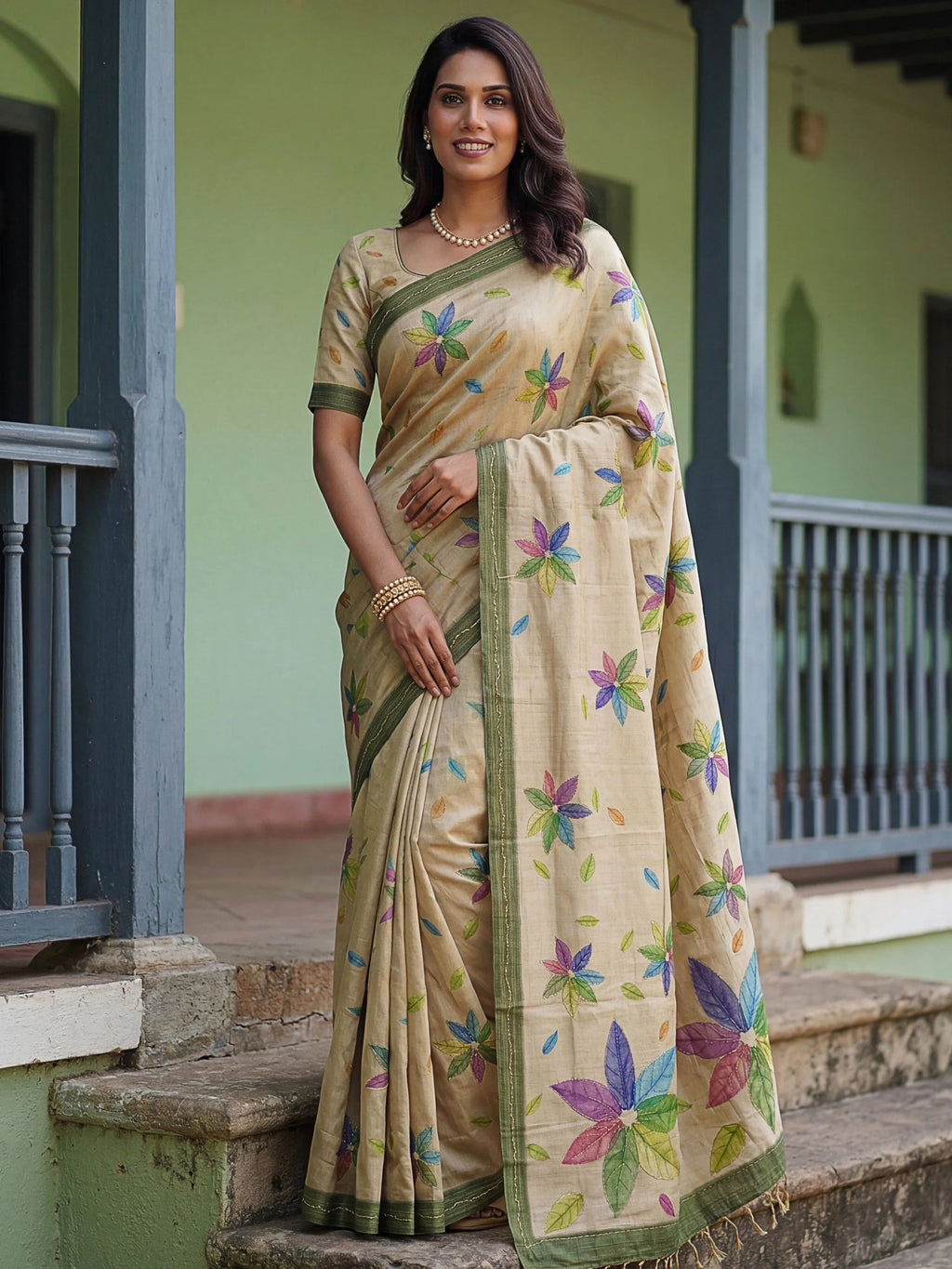 Beige Superb Embroidered Silk Function Wear Saree With Blouse