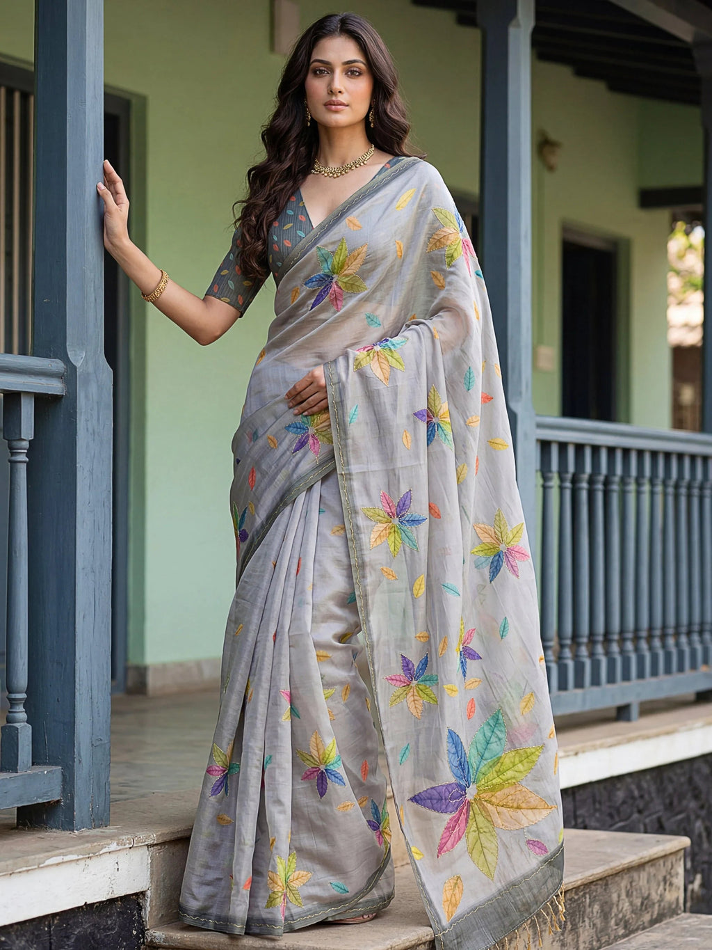 Grey Superb Embroidered Silk Function Wear Saree With Blouse