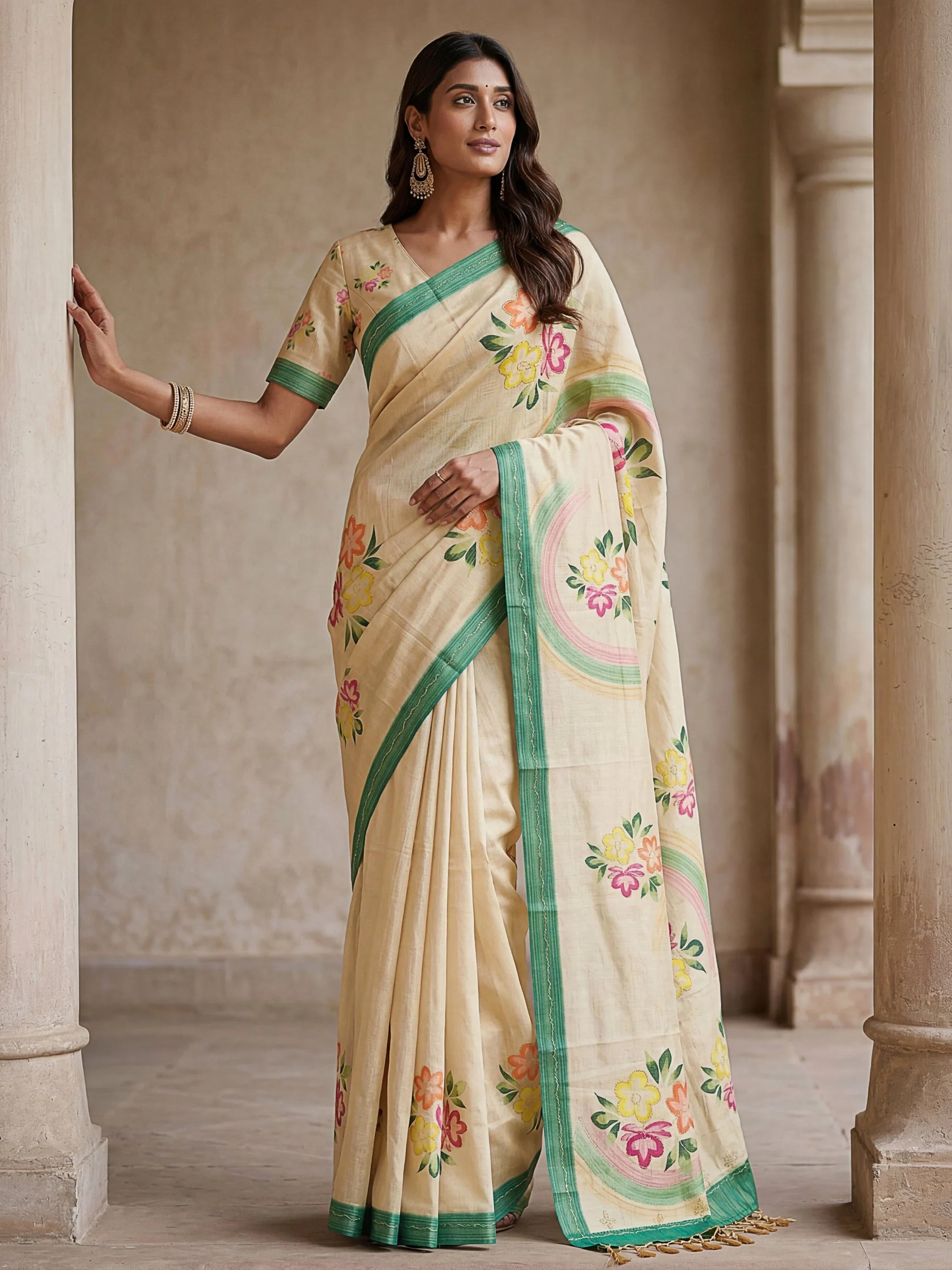 Cream Splendid Floral Printed Silk Function Wear Saree With Blouse