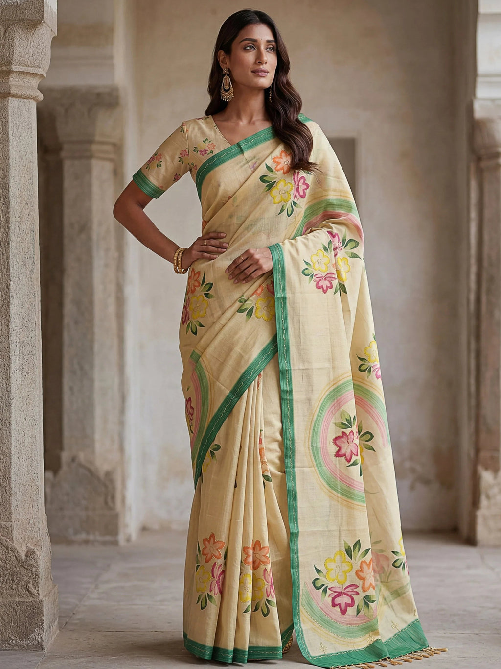 Cream Splendid Floral Printed Silk Function Wear Saree With Blouse