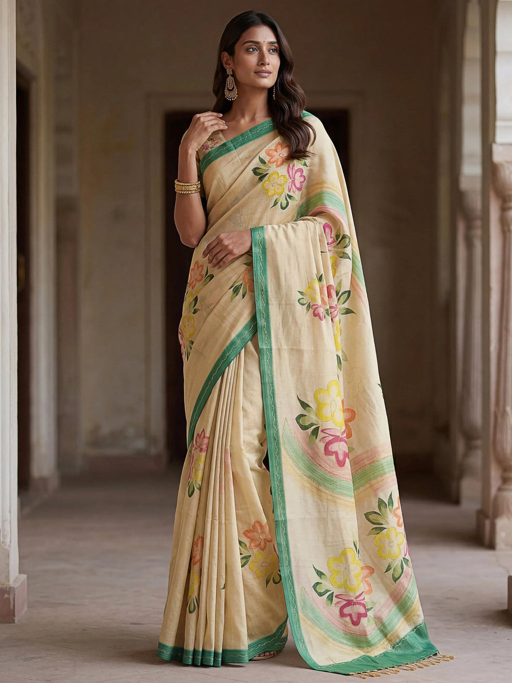 Cream Splendid Floral Printed Silk Function Wear Saree With Blouse
