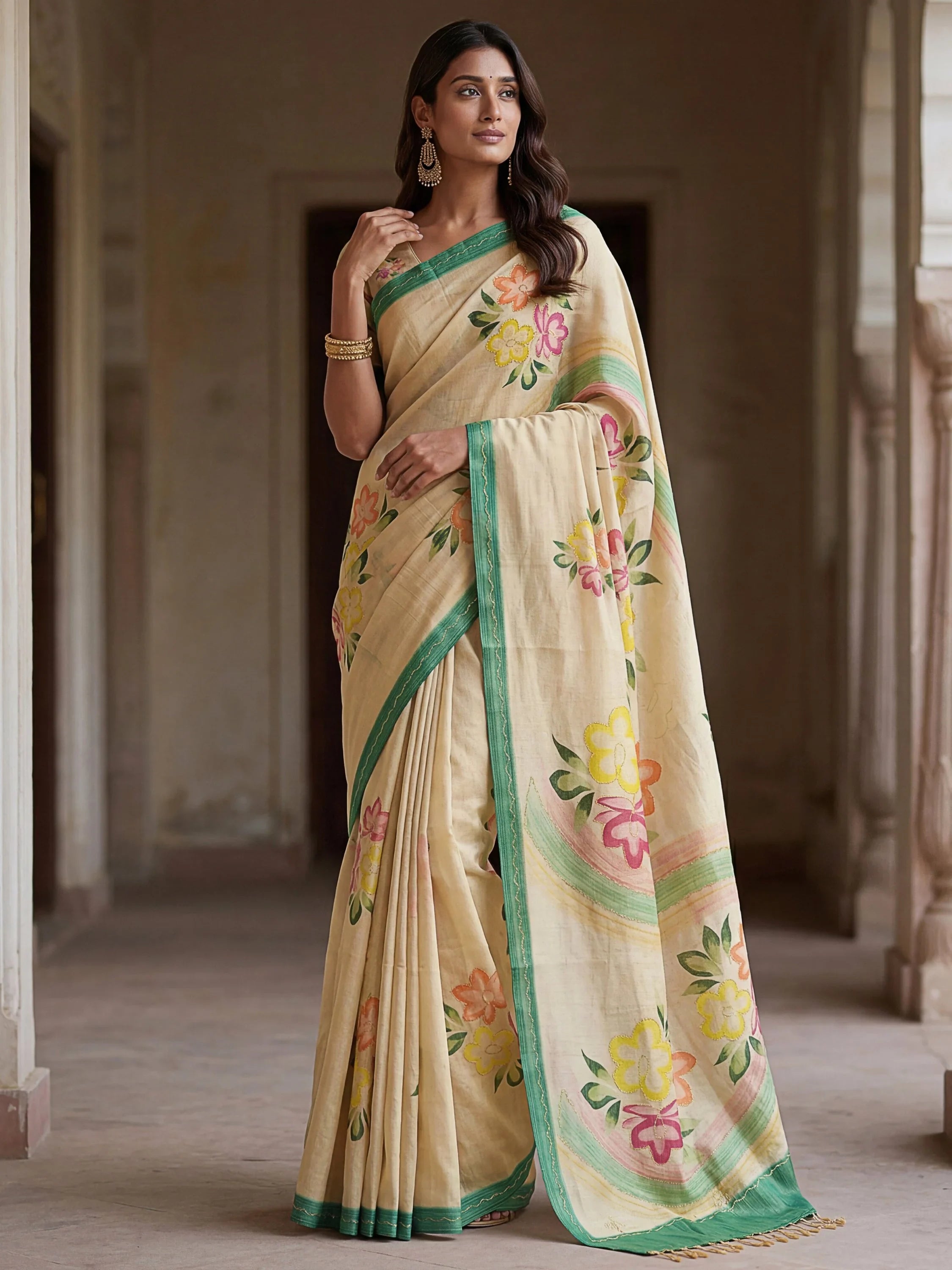 Cream Splendid Floral Printed Silk Function Wear Saree With Blouse