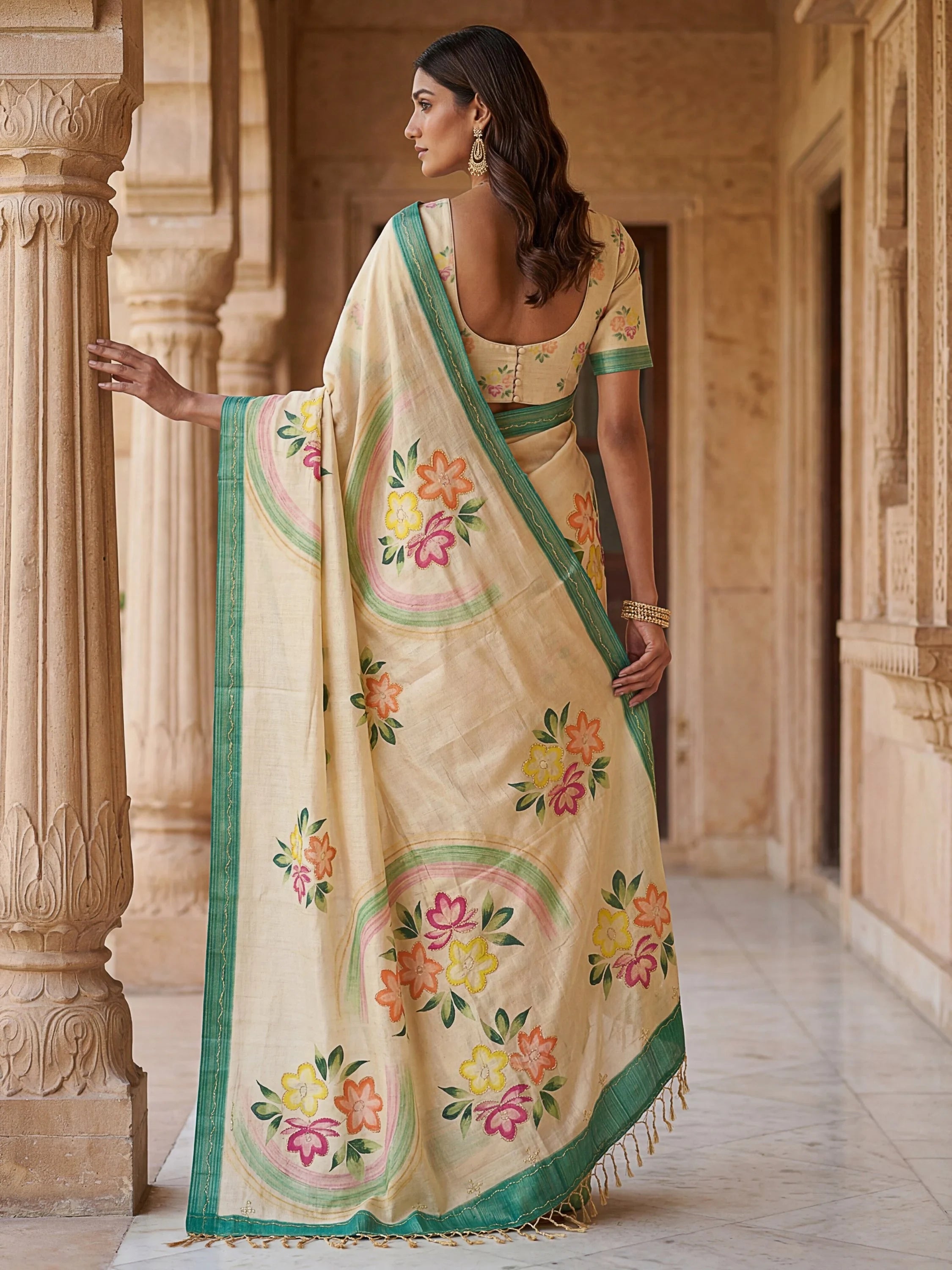 Cream Splendid Floral Printed Silk Function Wear Saree With Blouse
